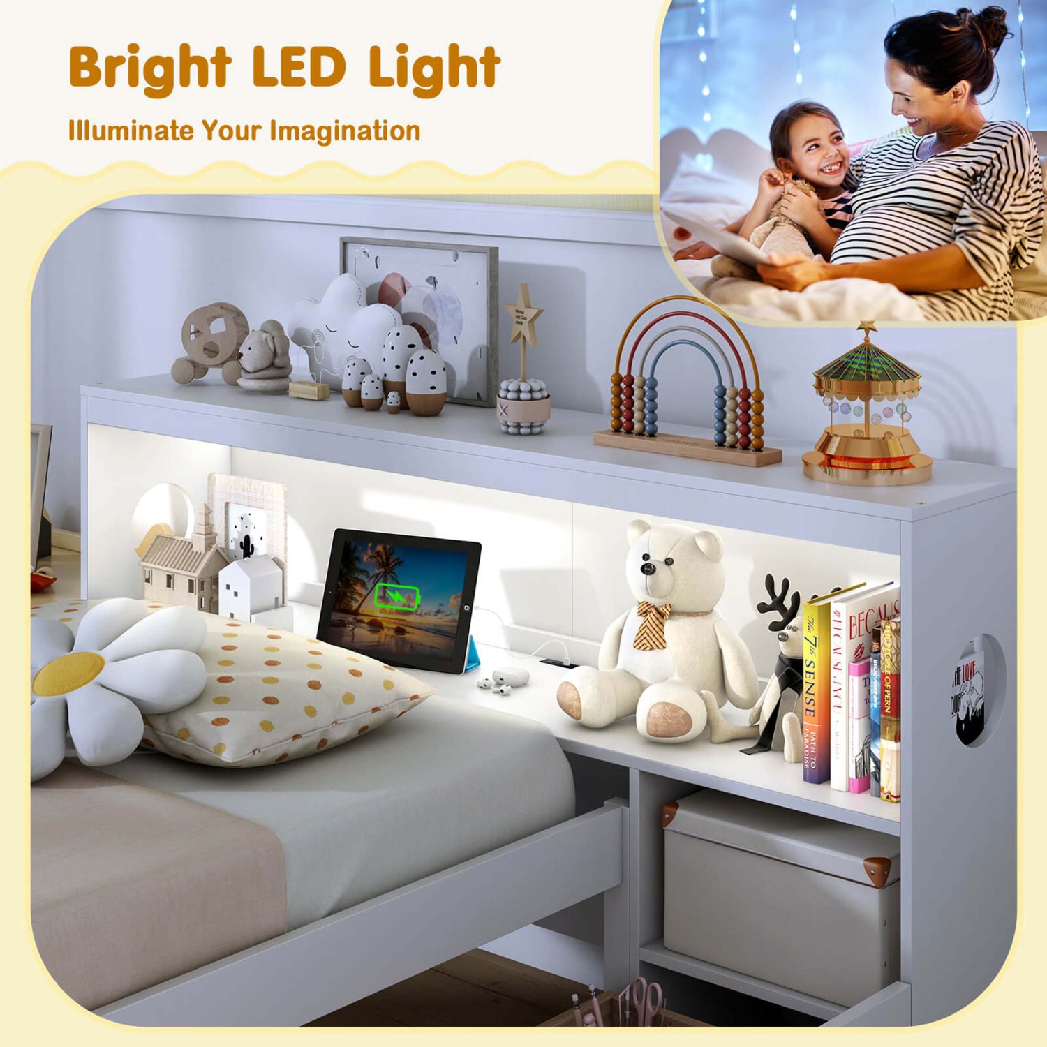Costway Twin Size Bed Frame with LED Light & Power Outlet Bookcase Headboard Drawers