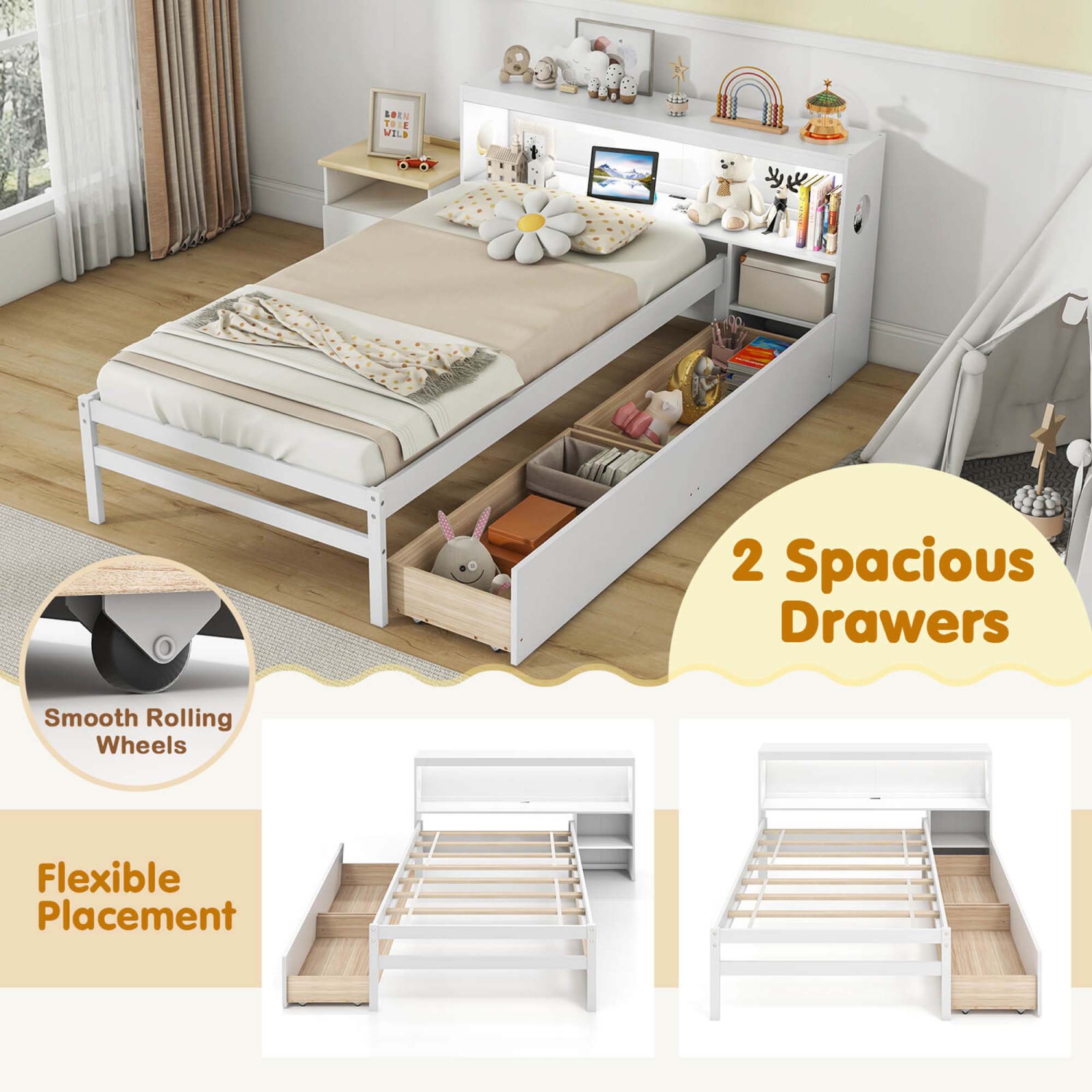 Costway Twin Size Bed Frame with LED Light & Power Outlet Bookcase Headboard Drawers