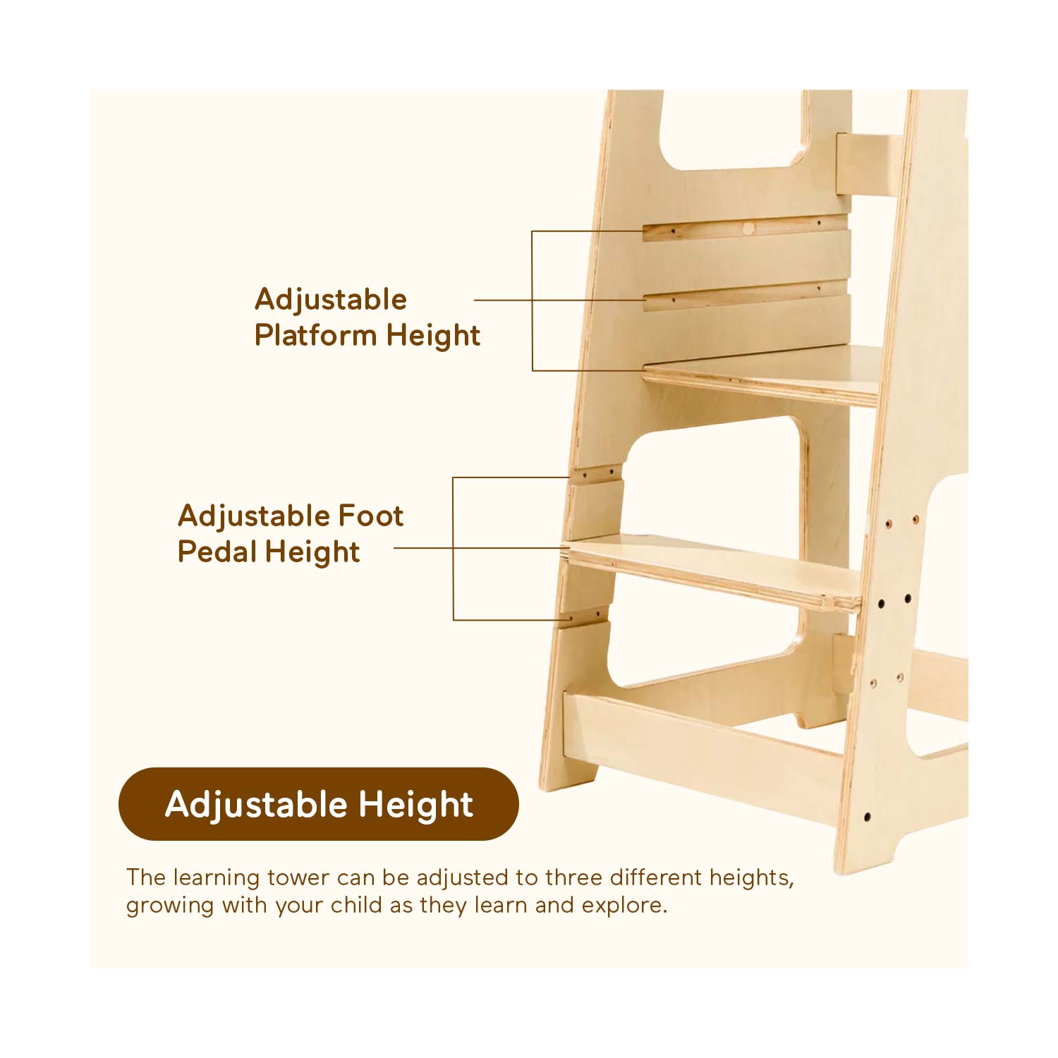 Blessy Toddler Tower, Learning Standing Tower, Kitchen Helper 2 Step Stool with Adjustable Height Platform and Safety Rail, Wood