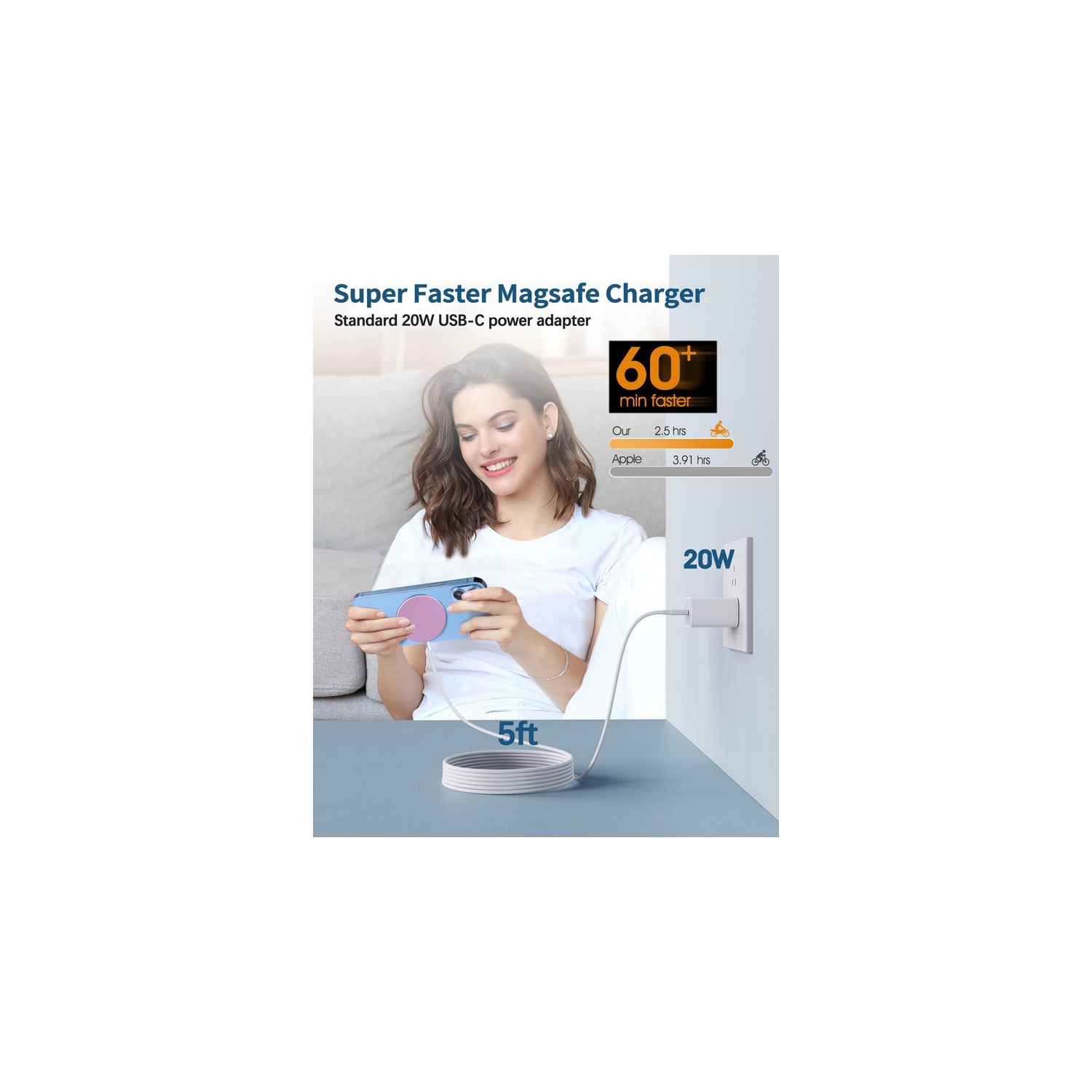 Magnetic Wireless Charger Mag-Safe Charger for iPhone 15/14/13/12 Series Convertible Magnet Wireless Charging Stand/Pad with 20W Adapter 5ft Cable