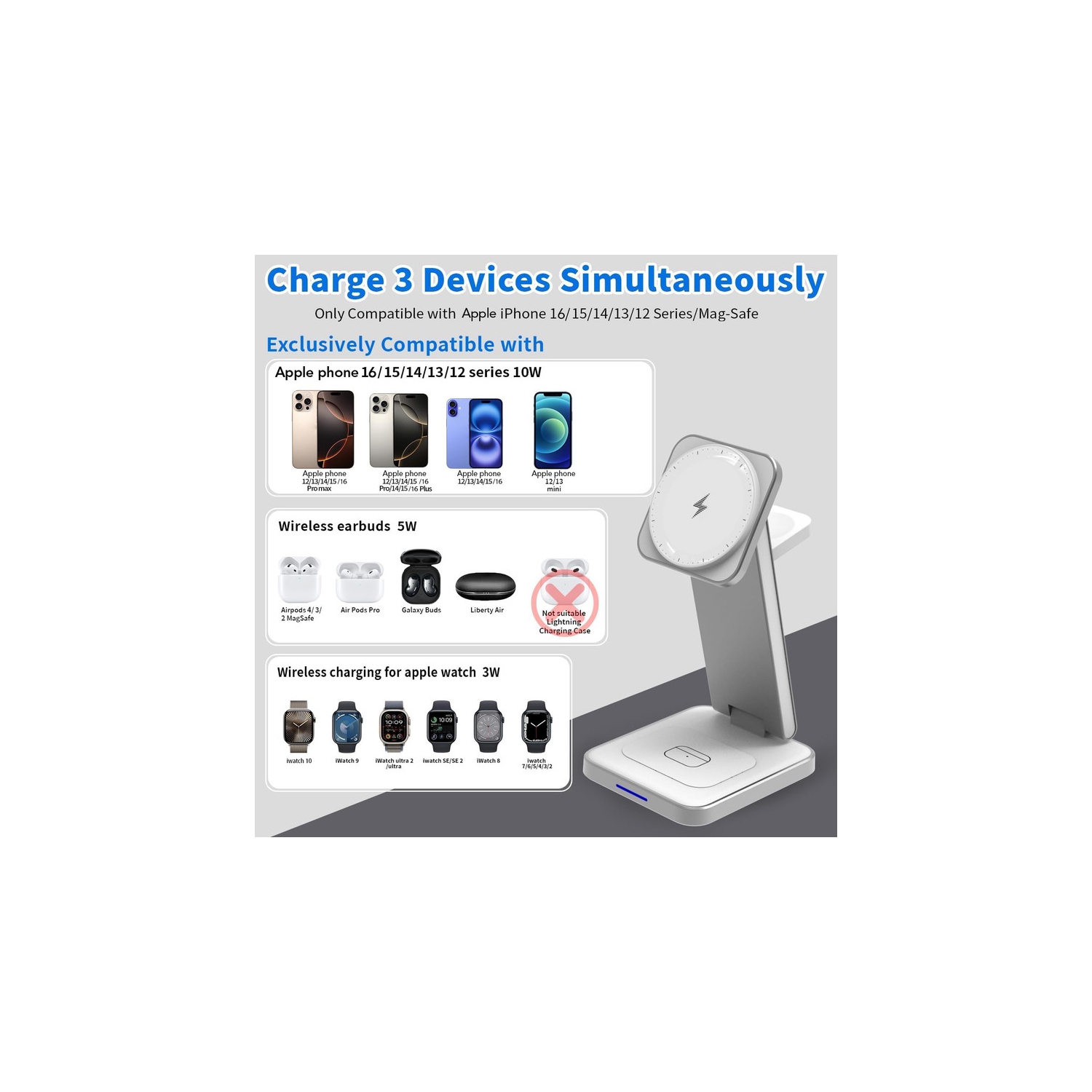 Chargeur magnétique sans fil 3-en-1, station de chargement sans fil pliable