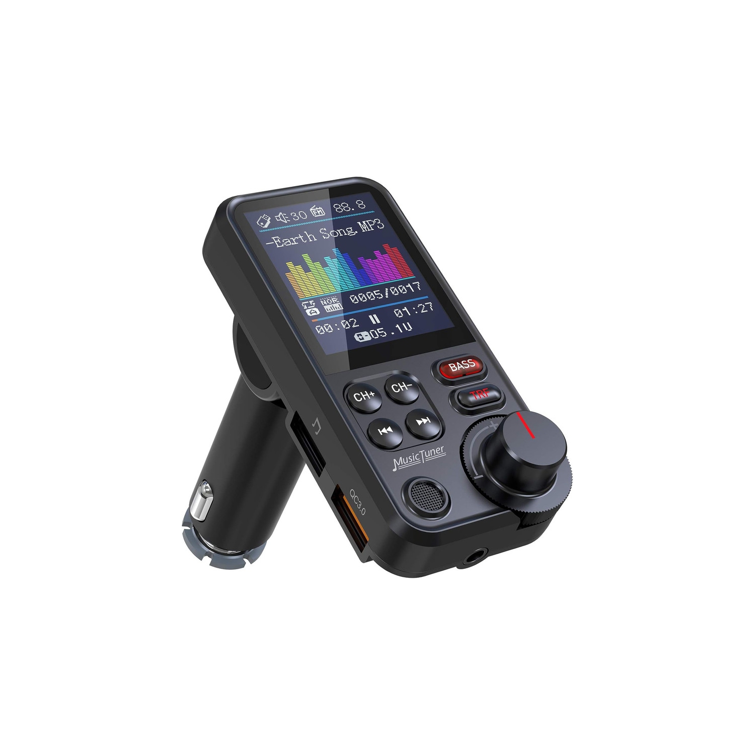 Car Bluetooth Transmitter, Strong Microphone Bluetooth Car Radio Adapter with 1.8" Color Screen for Hands Free Calls, Supports QC3.0 Charging, Treble