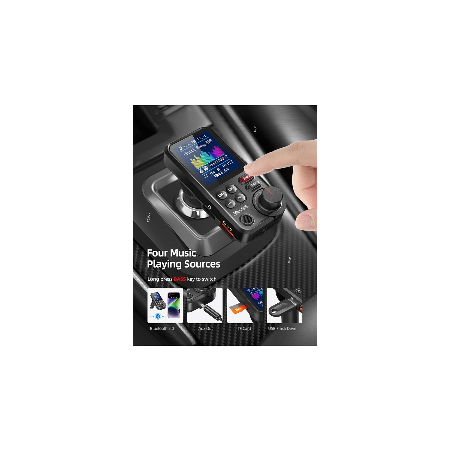 Car Bluetooth Transmitter, Strong Microphone Bluetooth Car Radio Adapter with 1.8" Color Screen for Hands Free Calls, Supports QC3.0 Charging, Treble