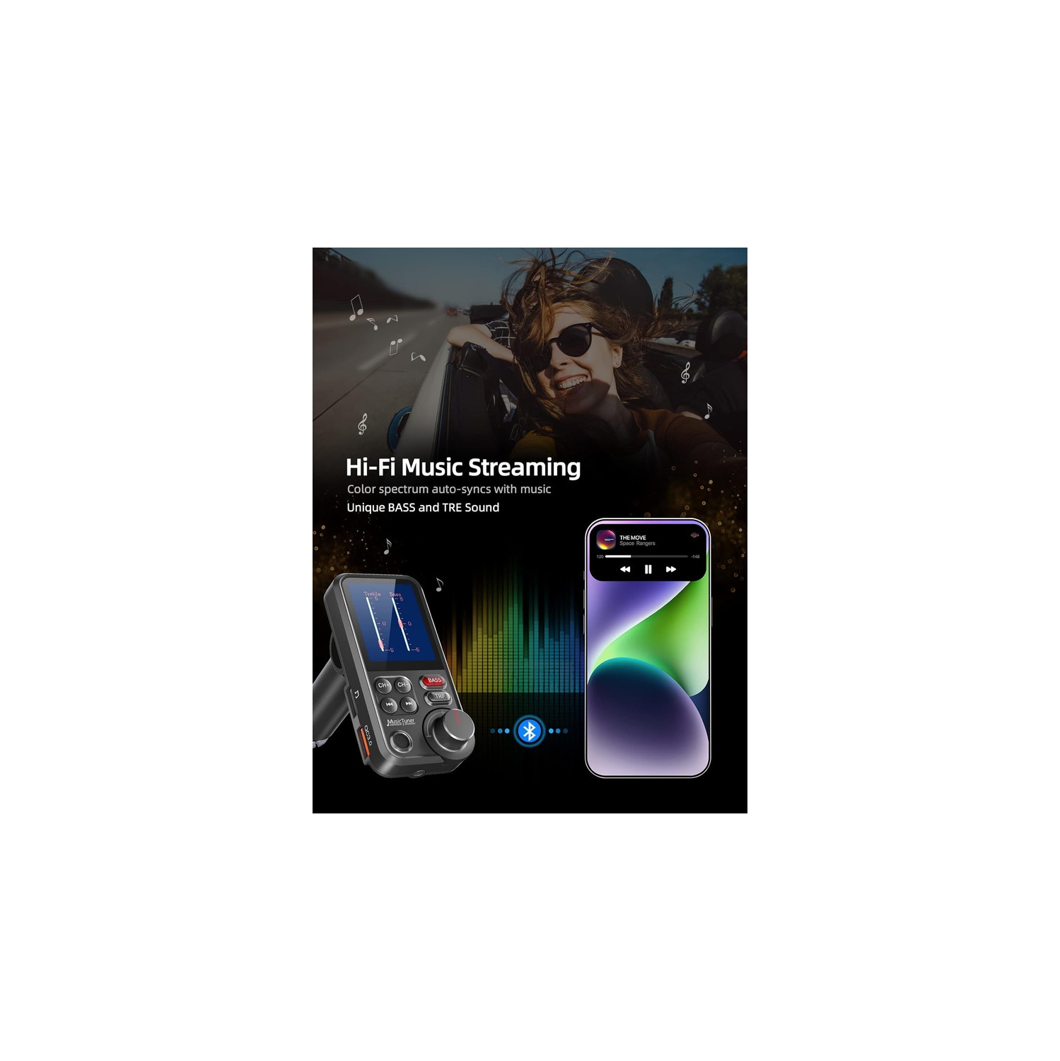 Car Bluetooth Transmitter, Strong Microphone Bluetooth Car Radio Adapter with 1.8" Color Screen for Hands Free Calls, Supports QC3.0 Charging, Treble