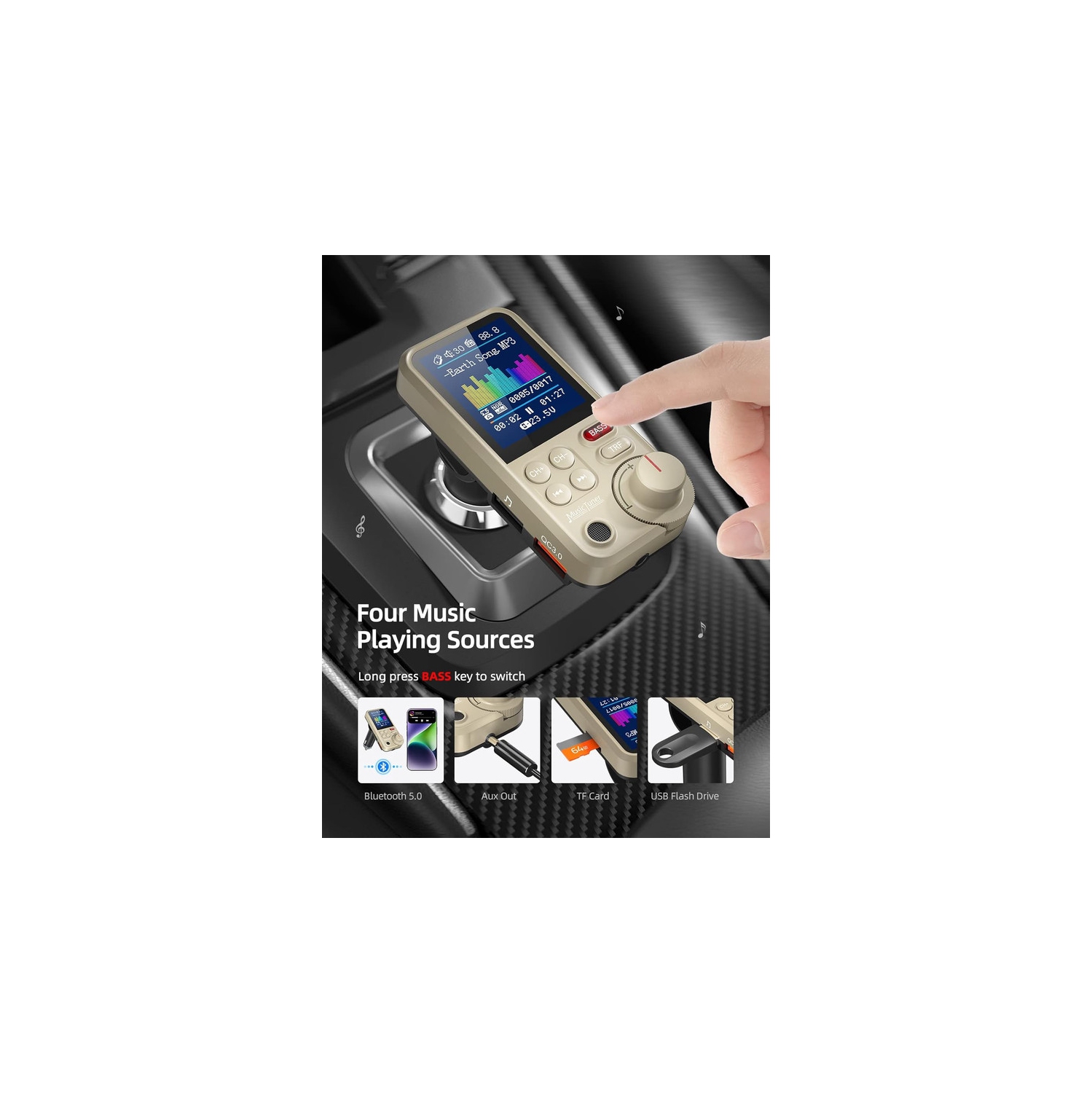 FM Bluetooth Transmitter for car, Strong Microphone Bluetooth Car Adapter with 1.8" Color Screen for Hands Free Calls, Supports QC3.0 Charging,