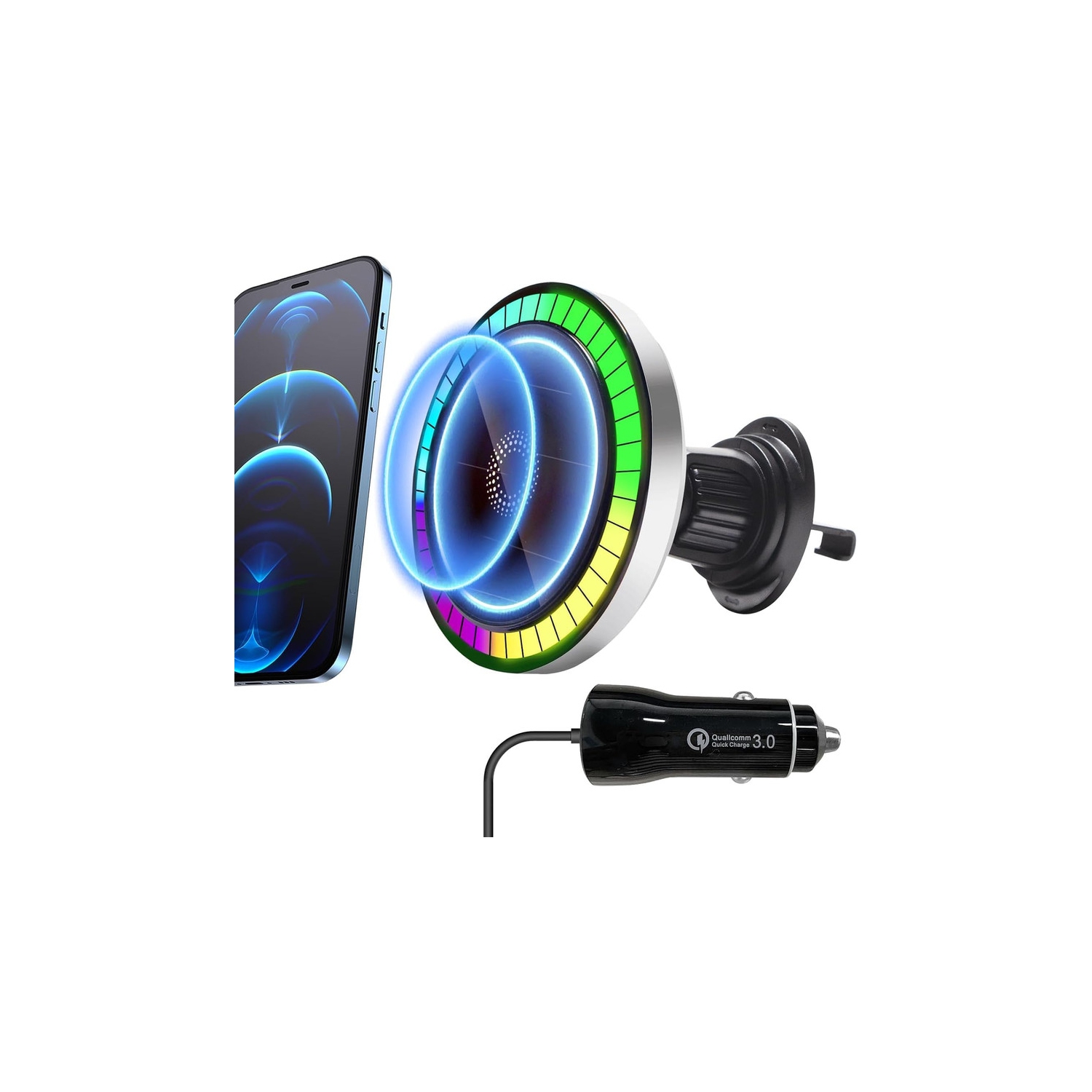 Magnetic Phone Car Mount with Light Car Phone Holder Wireless Charger with 18W Adapter Air Vent Wireless Car Charger 360° Adjustable Rotation Fast