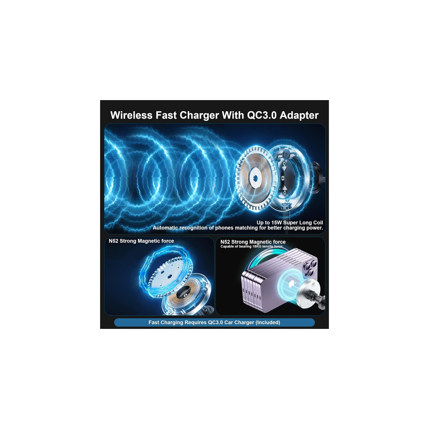 Magnetic Phone Car Mount with Light Car Phone Holder Wireless Charger with 18W Adapter Air Vent Wireless Car Charger 360° Adjustable Rotation Fast