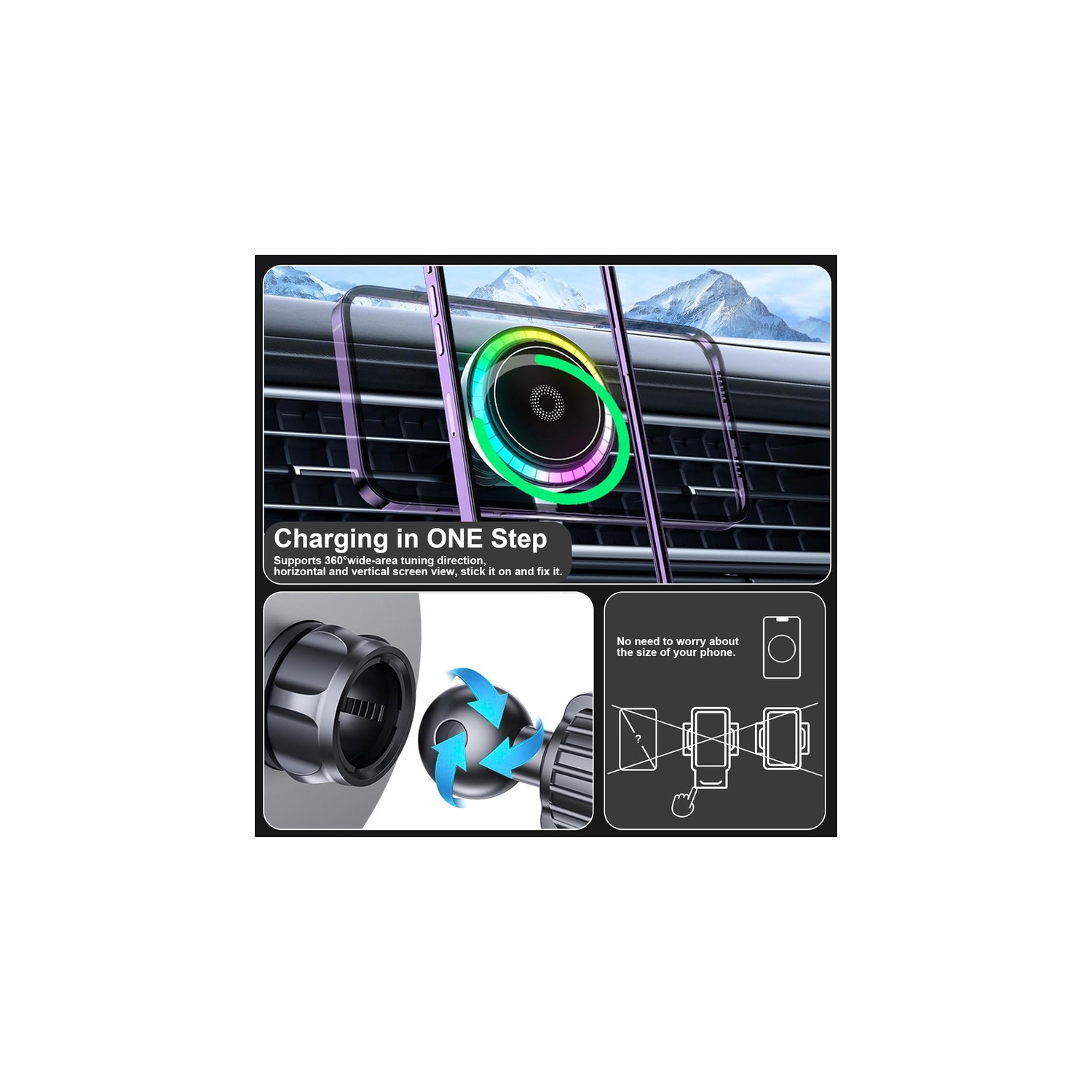 Magnetic Phone Car Mount with Light Car Phone Holder Wireless Charger with 18W Adapter Air Vent Wireless Car Charger 360° Adjustable Rotation Fast