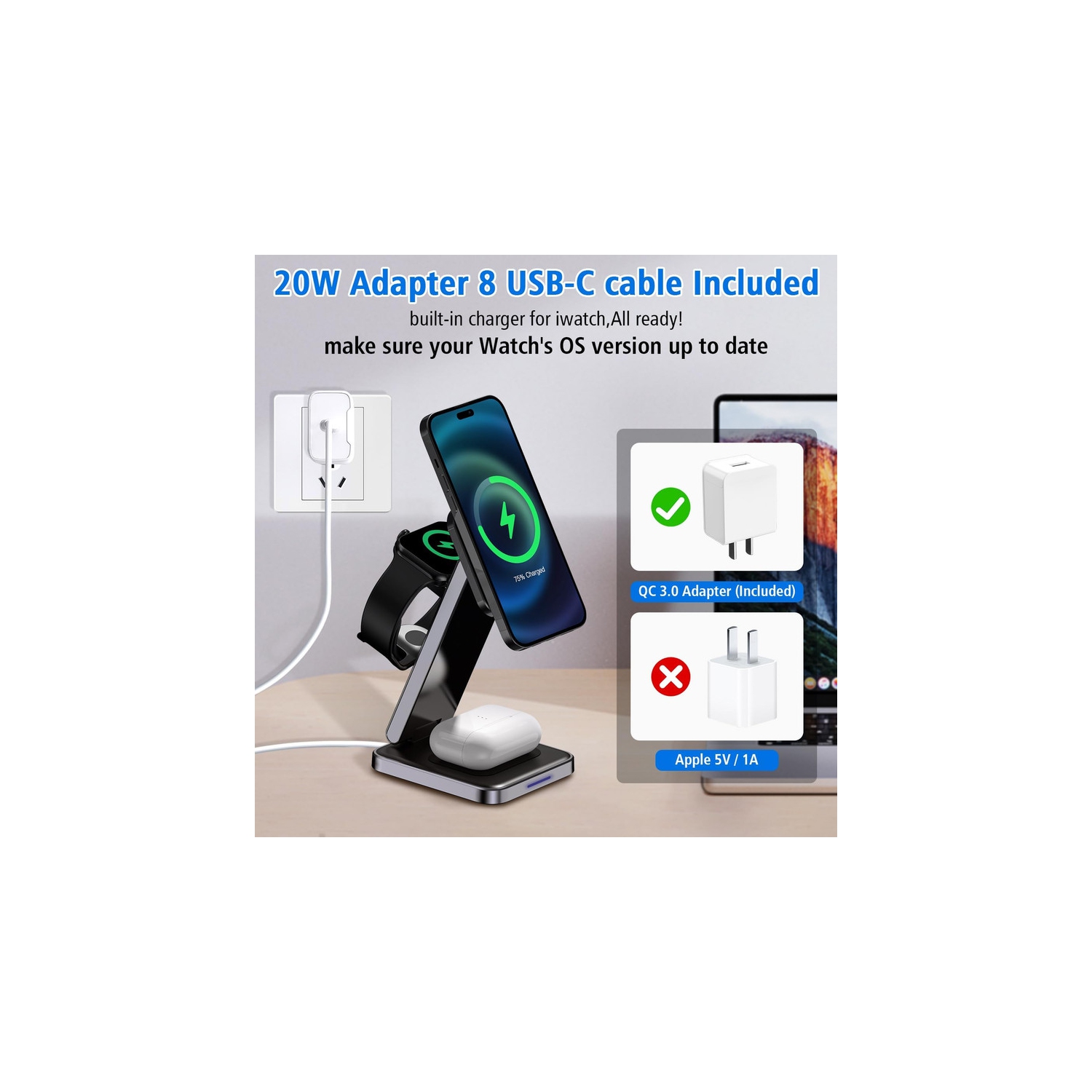 Chargeur magnétique sans fil 3-en-1, station de chargement sans fil pliable