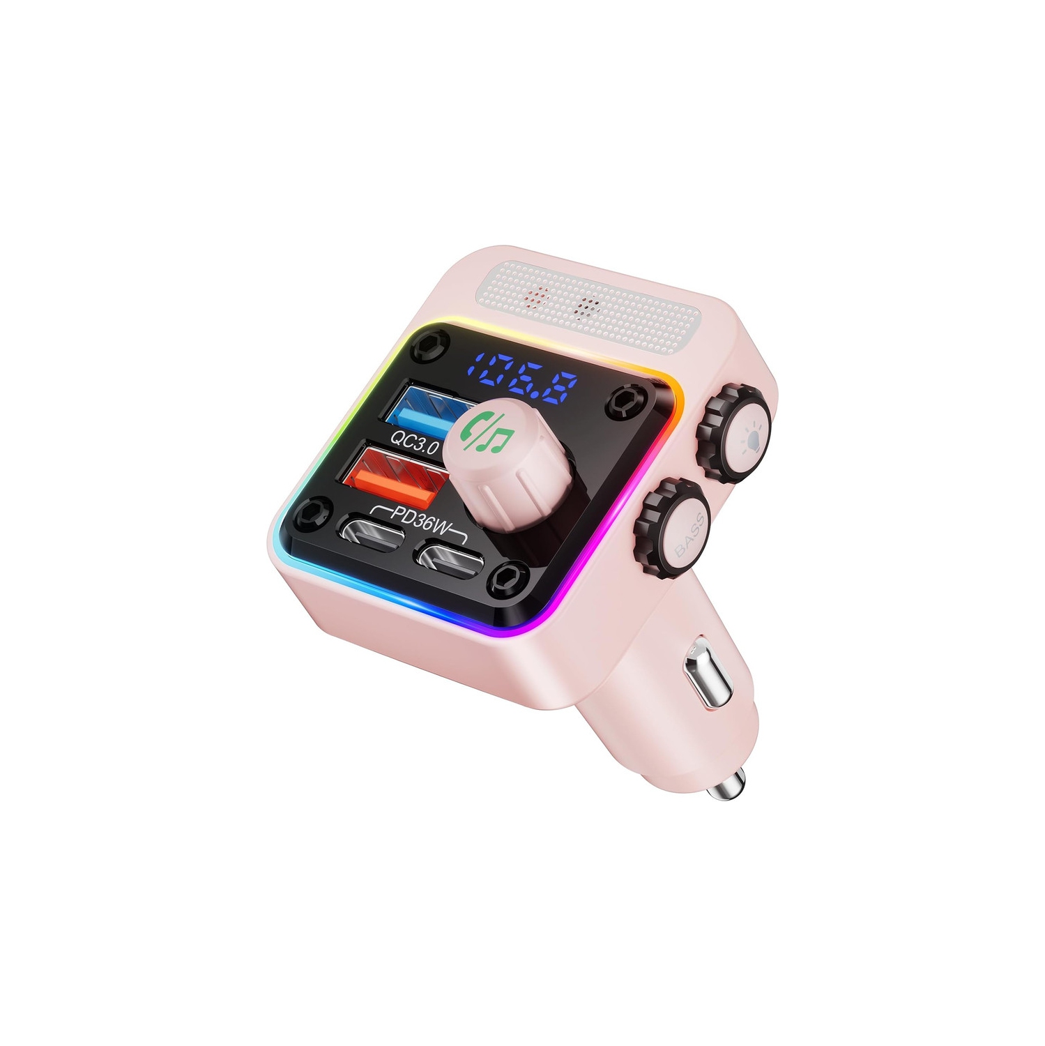 54W Bluetooth 5.3 Car Adapter with 4 Charging Ports [PD 36W & QC3.0 18W], Wireless Radio FM Transmitter with Deep Bass Player & 5 Colors LED Backlit,