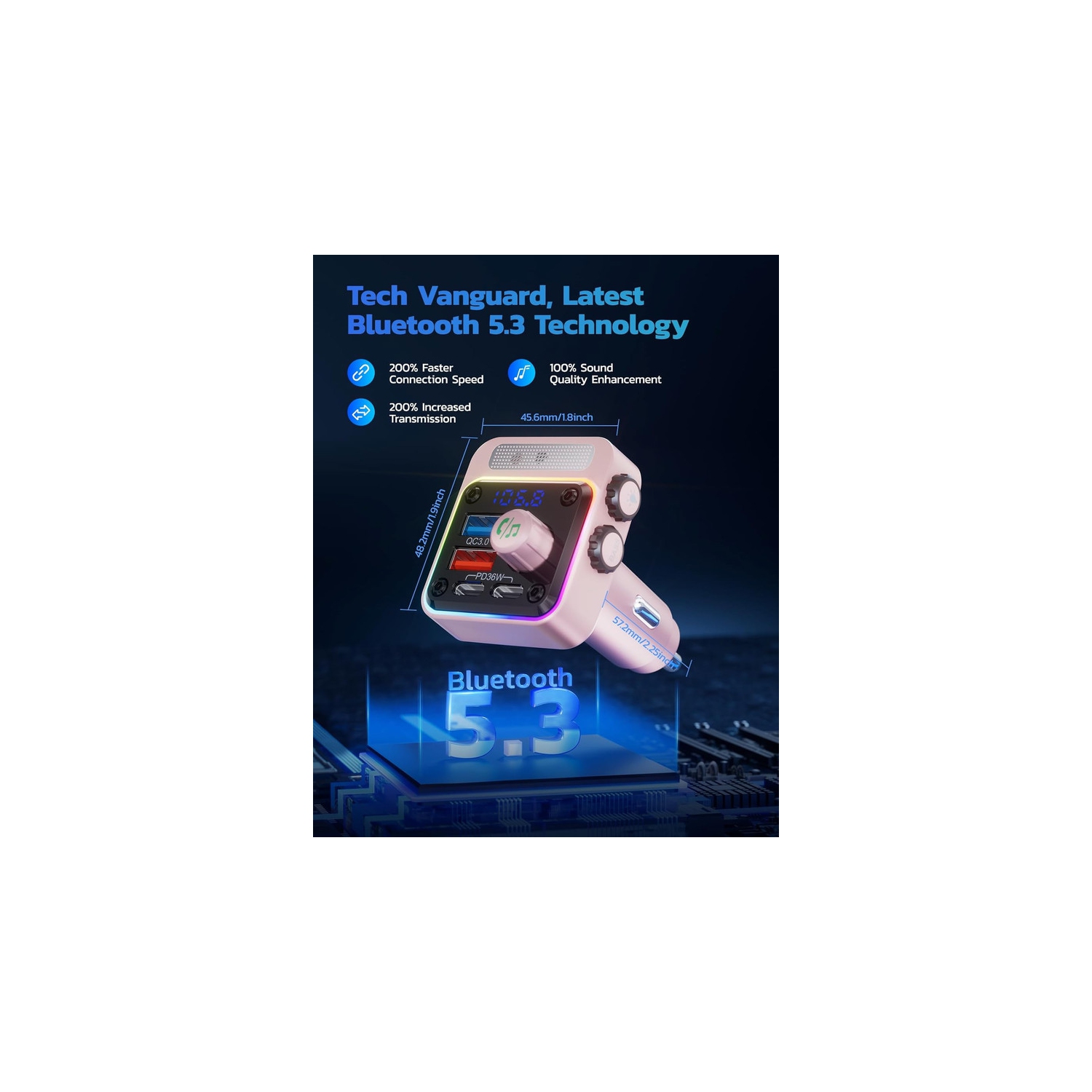 54W Bluetooth 5.3 Car Adapter with 4 Charging Ports [PD 36W & QC3.0 18W], Wireless Radio FM Transmitter with Deep Bass Player & 5 Colors LED Backlit,