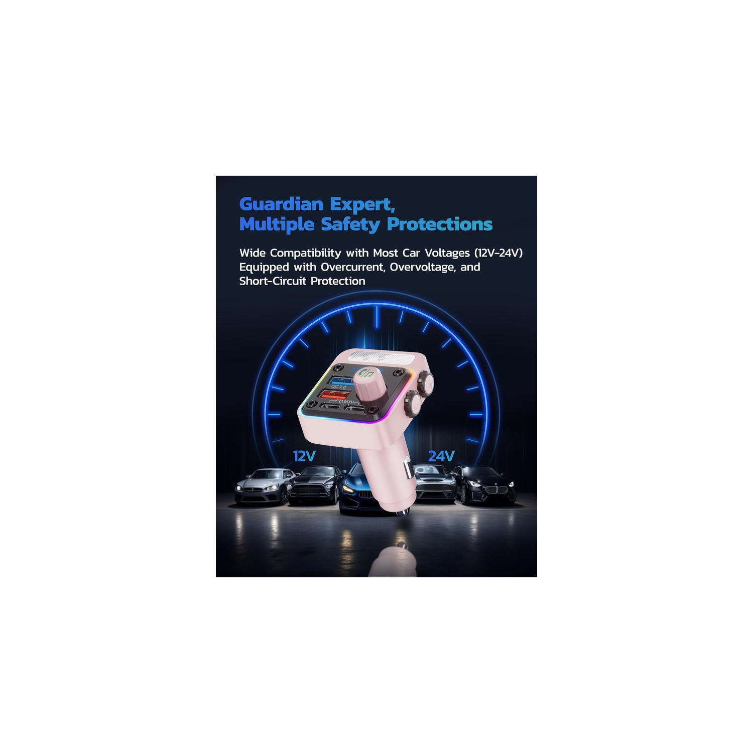 54W Bluetooth 5.3 Car Adapter with 4 Charging Ports [PD 36W & QC3.0 18W], Wireless Radio FM Transmitter with Deep Bass Player & 5 Colors LED Backlit,