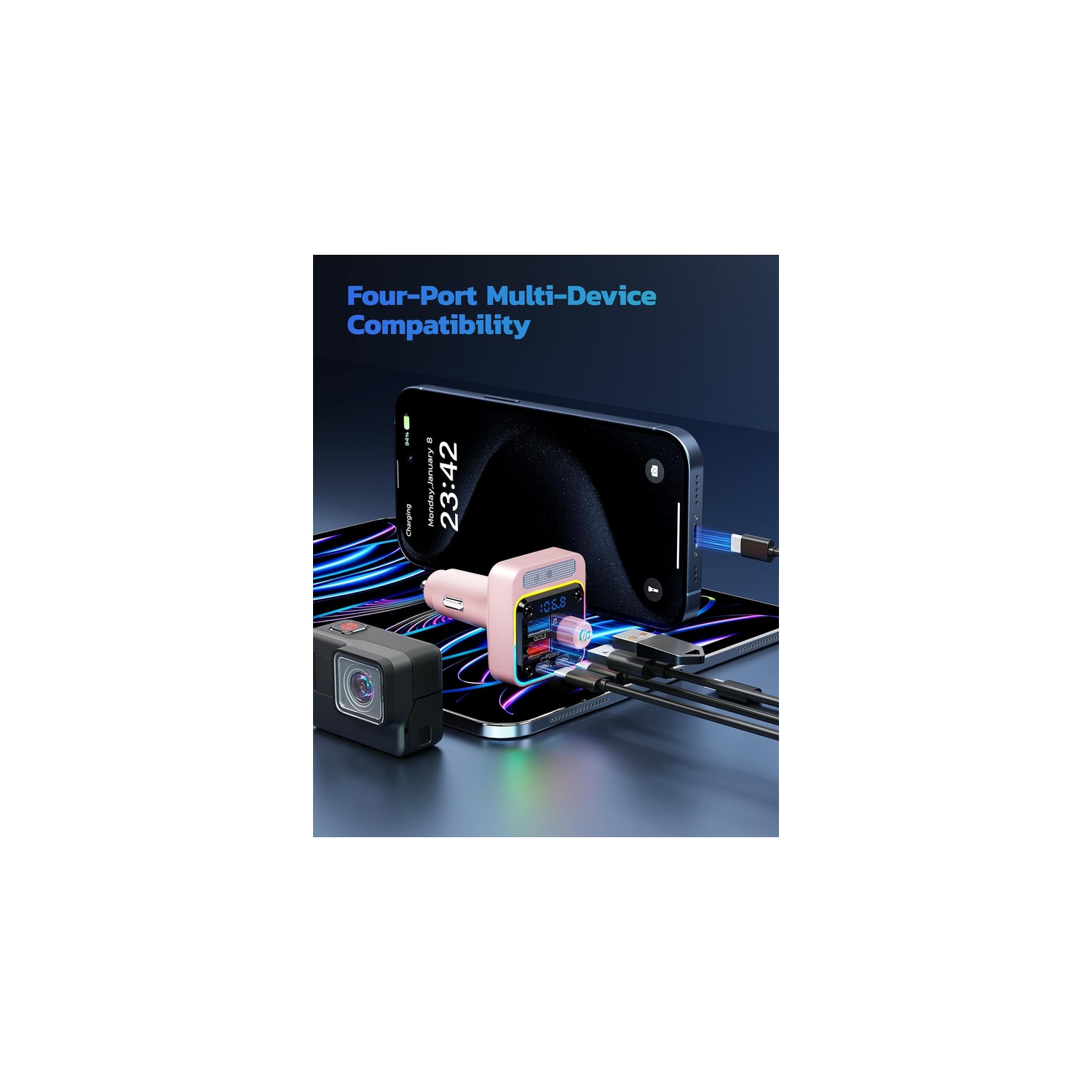 54W Bluetooth 5.3 Car Adapter with 4 Charging Ports [PD 36W & QC3.0 18W], Wireless Radio FM Transmitter with Deep Bass Player & 5 Colors LED Backlit,