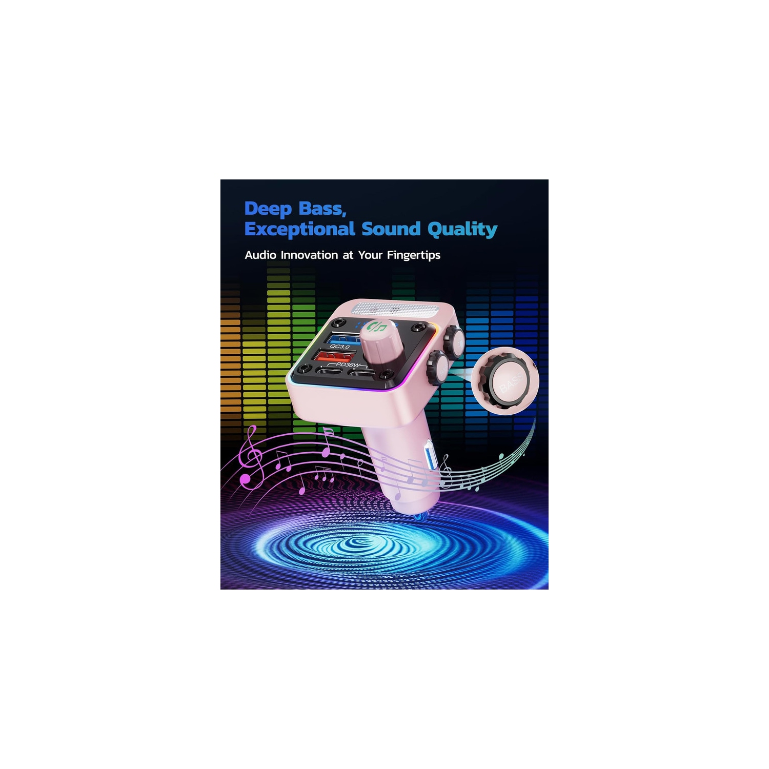 54W Bluetooth 5.3 Car Adapter with 4 Charging Ports [PD 36W & QC3.0 18W], Wireless Radio FM Transmitter with Deep Bass Player & 5 Colors LED Backlit,