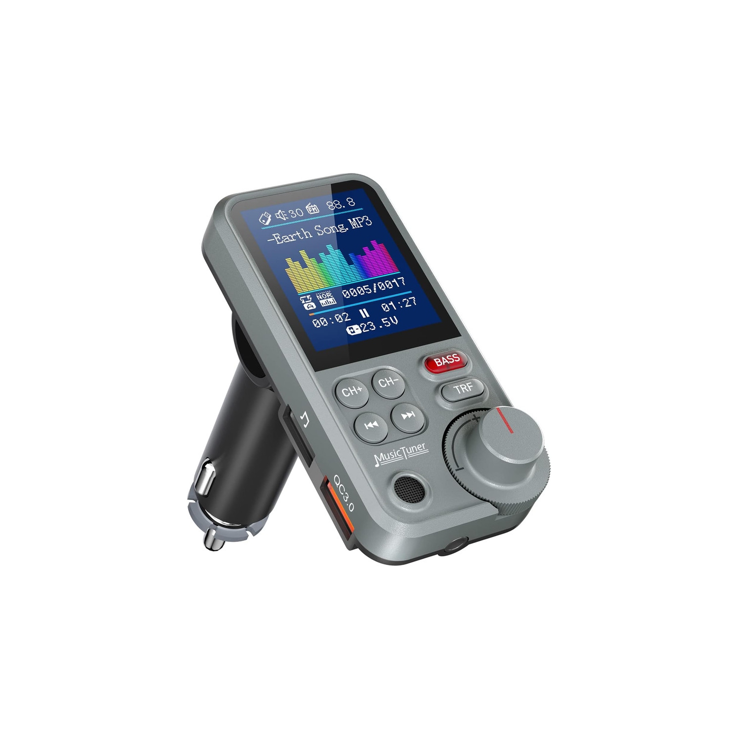 Car Bluetooth Transmitter, Strong Microphone Bluetooth Car Radio Adapter with 1.8" Color Screen for Hands Free Calls, Supports QC3.0 Charging, Treble