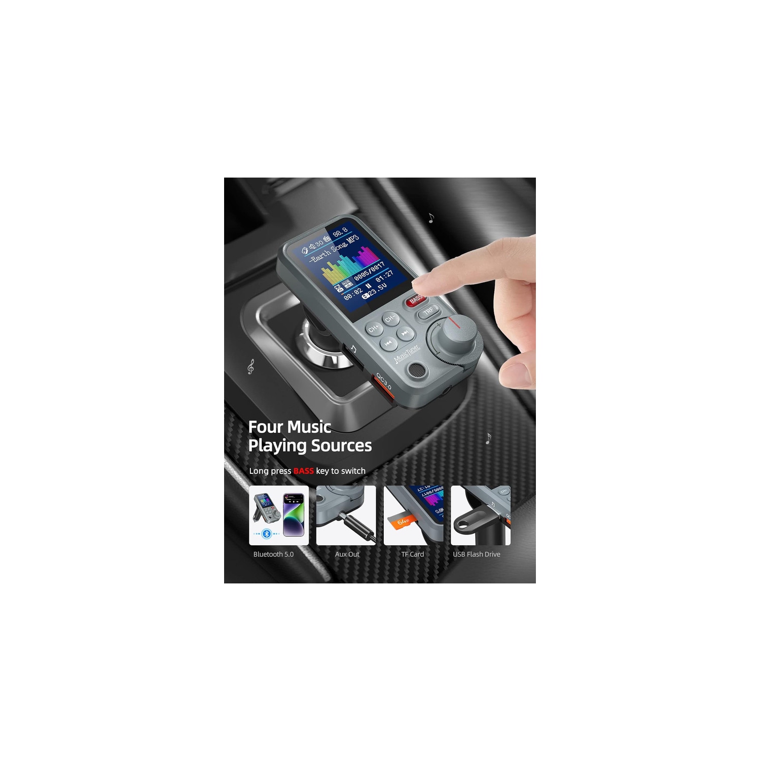 Car Bluetooth Transmitter, Strong Microphone Bluetooth Car Radio Adapter with 1.8" Color Screen for Hands Free Calls, Supports QC3.0 Charging, Treble