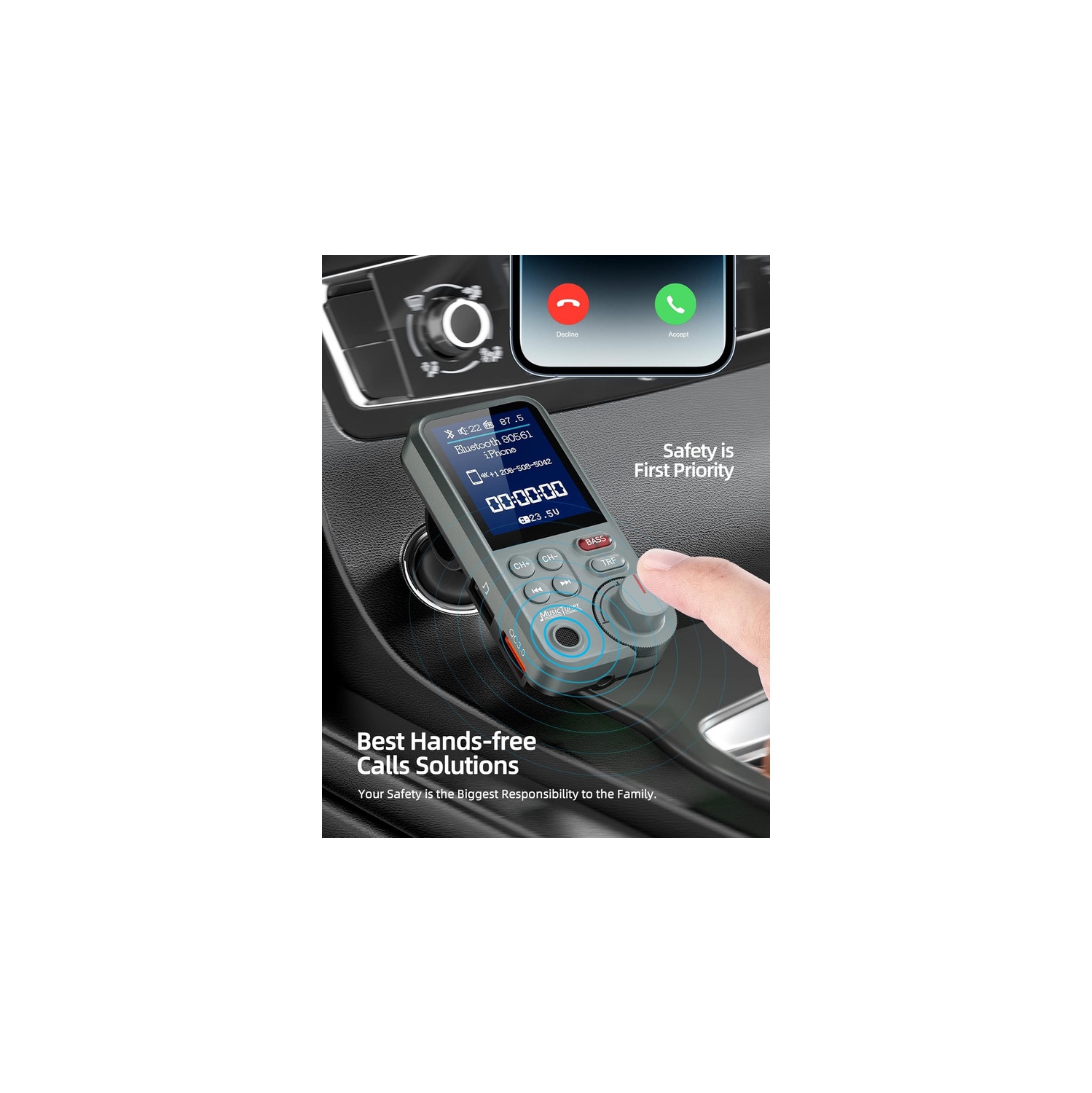 Car Bluetooth Transmitter, Strong Microphone Bluetooth Car Radio Adapter with 1.8" Color Screen for Hands Free Calls, Supports QC3.0 Charging, Treble