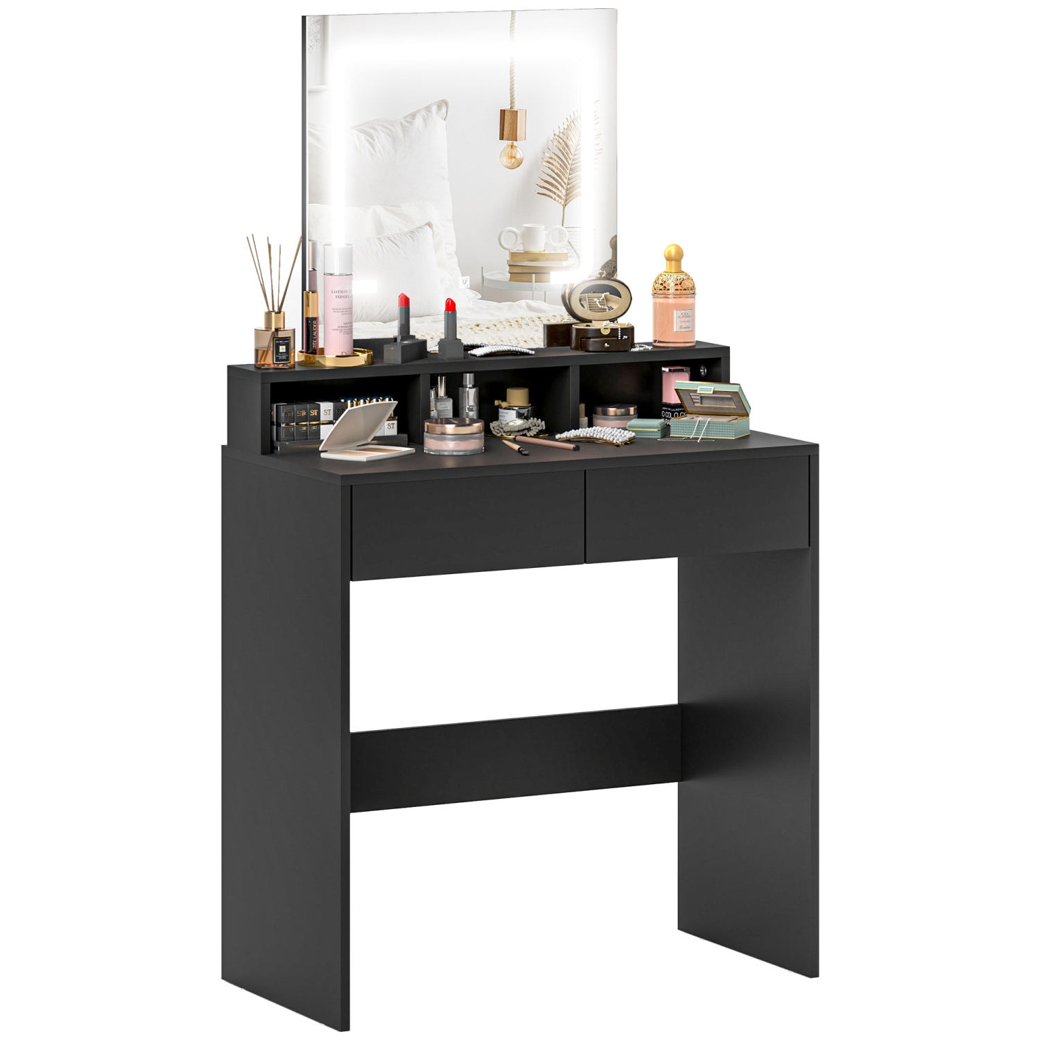 HOMCOM – Coiffeuse de maquillage avec miroir et lumières, pour chambre à coucher, table moderne à DEL avec 2 tiroirs de rangement, 3 compartiments, 3