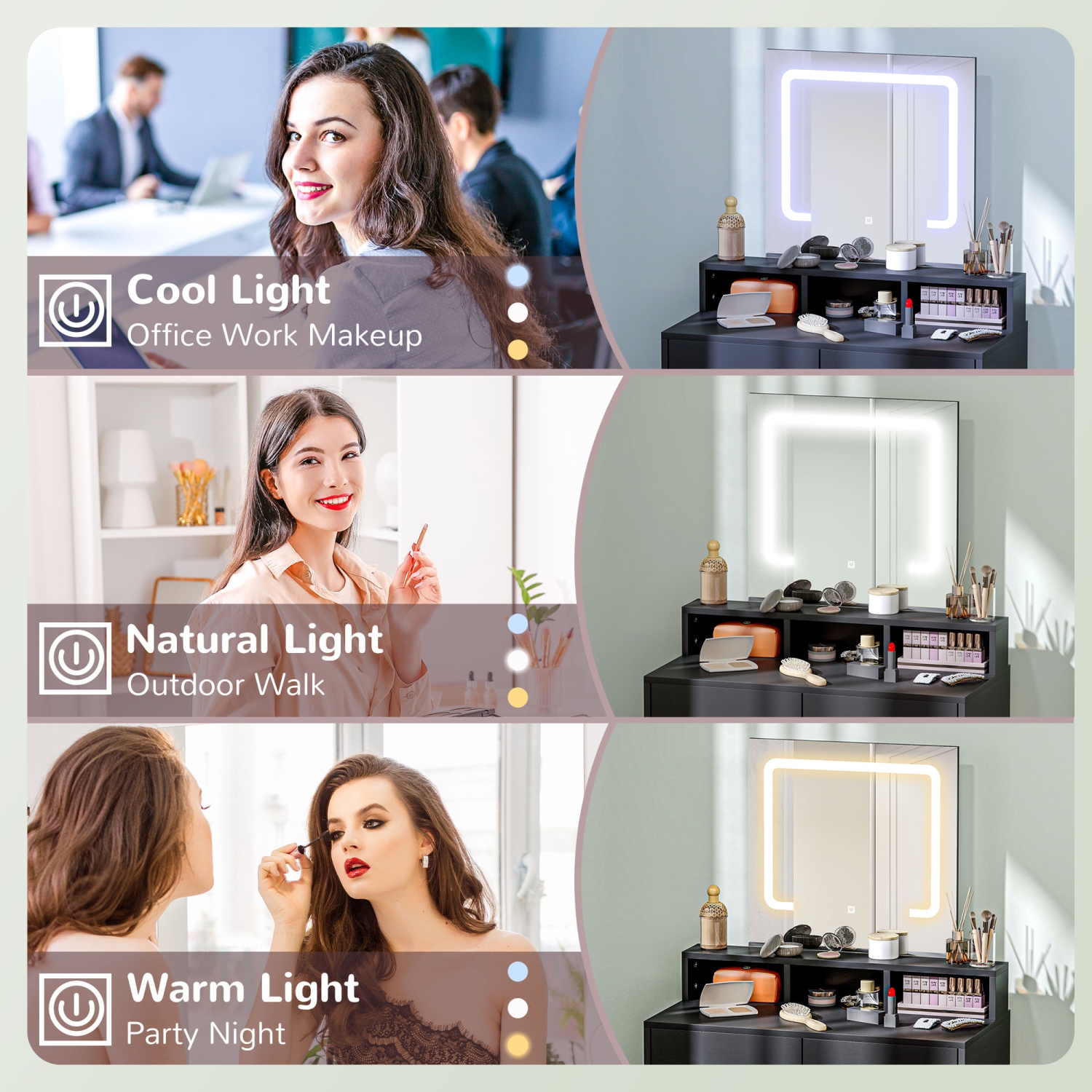 HOMCOM – Coiffeuse de maquillage avec miroir et lumières, pour chambre à coucher, table moderne à DEL avec 2 tiroirs de rangement, 3 compartiments, 3