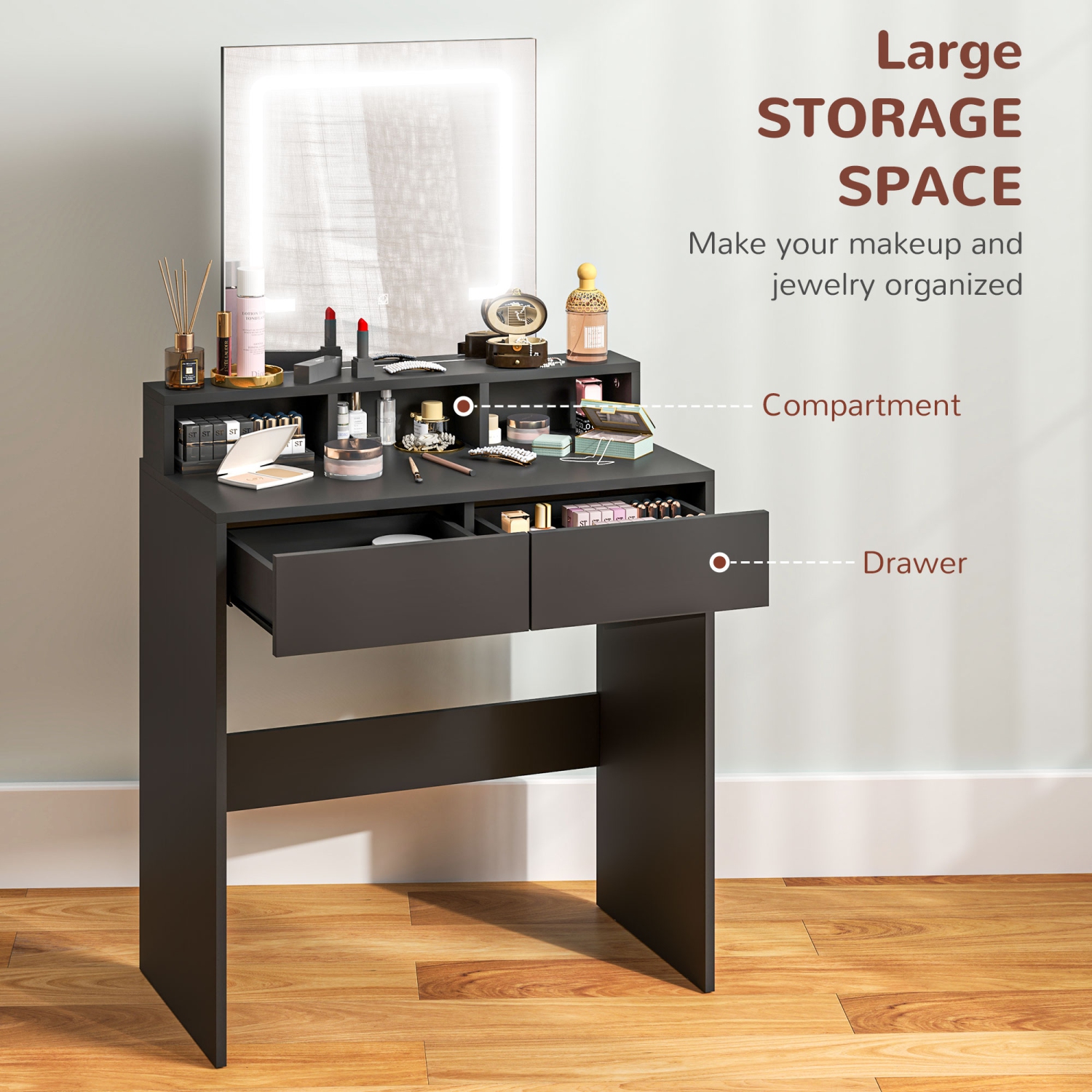 HOMCOM – Coiffeuse de maquillage avec miroir et lumières, pour chambre à coucher, table moderne à DEL avec 2 tiroirs de rangement, 3 compartiments, 3