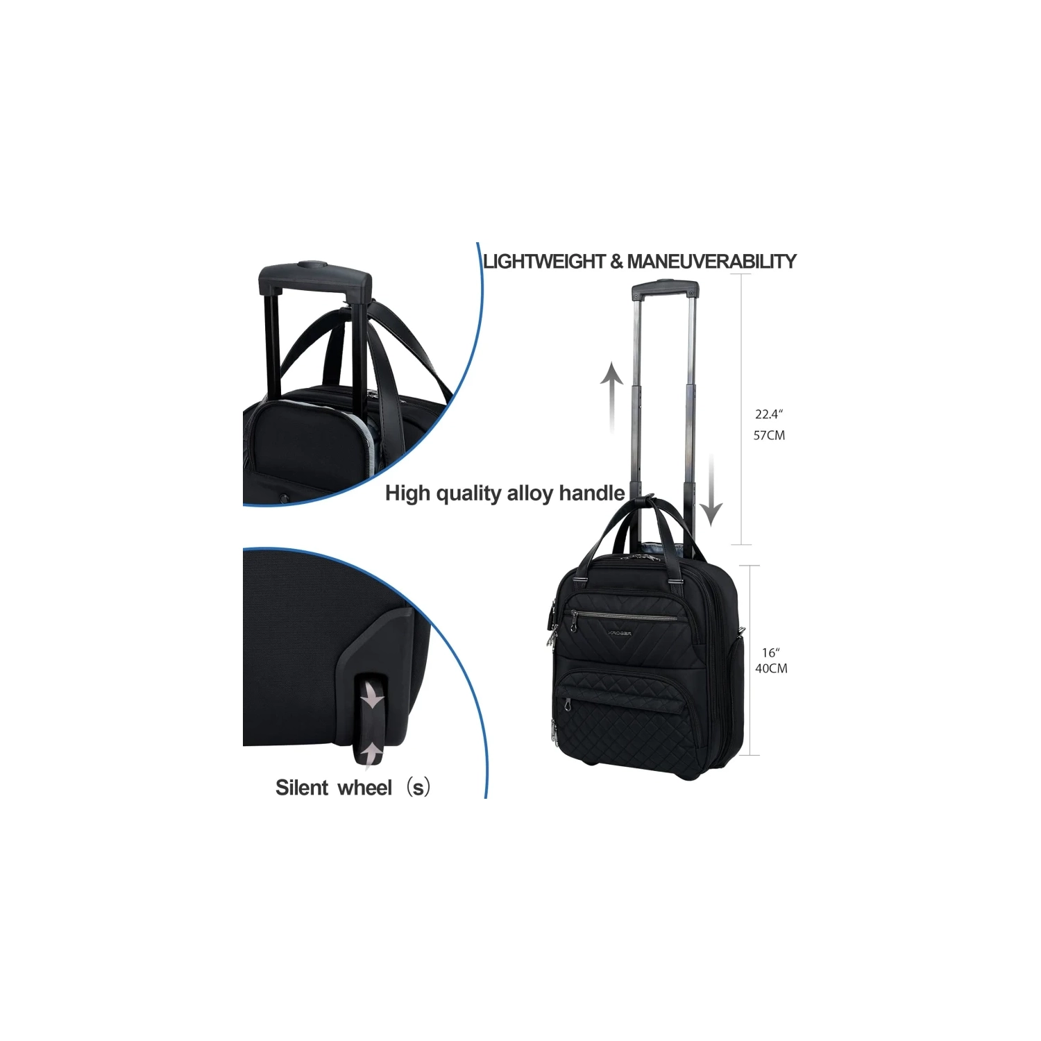 Bagage de cabine léger de 16&nbsp;po sous le siège pour femmes – Valise de nuit multifonction, noir