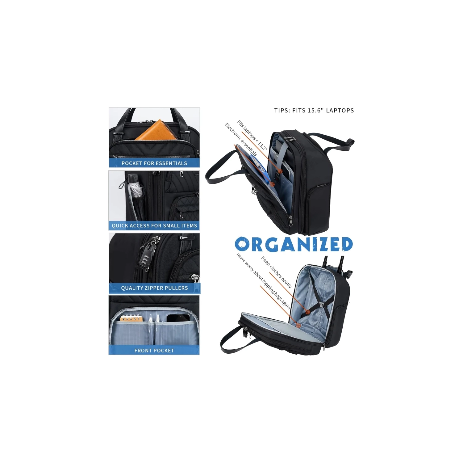 Bagage de cabine léger de 16&nbsp;po sous le siège pour femmes – Valise de nuit multifonction, noir