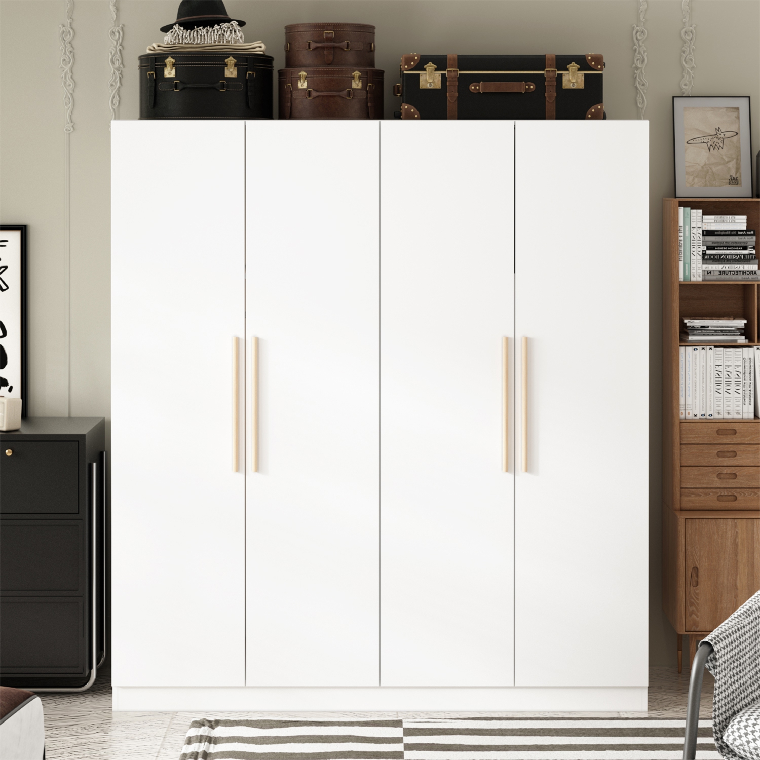 Grande garde-robe Famapy avec tablettes réglables, deux tringles suspendues et plusieurs compartiments spacieux pour rangement complet, blanc