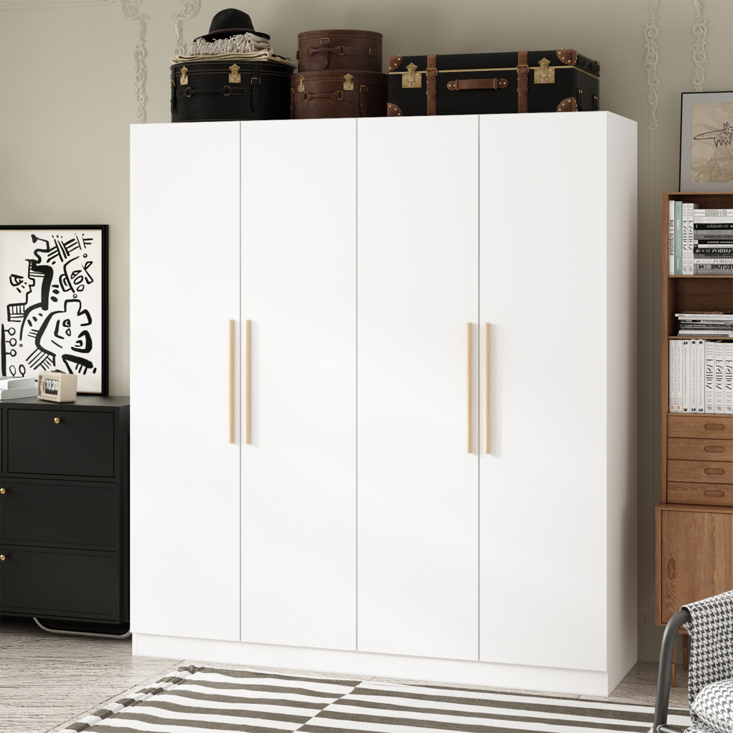 Grande garde-robe Famapy avec tablettes réglables, deux tringles suspendues et plusieurs compartiments spacieux pour rangement complet, blanc