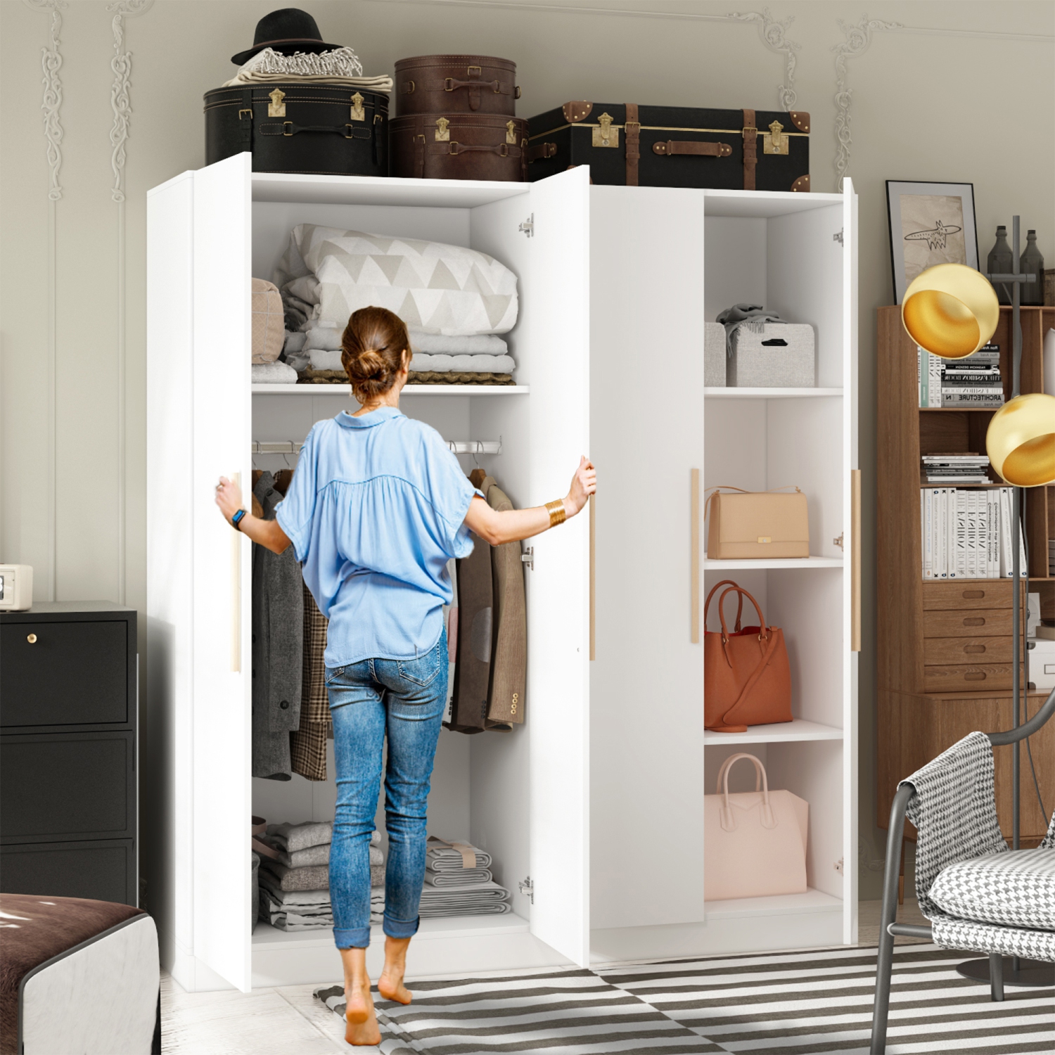 Grande garde-robe Famapy avec tablettes réglables, deux tringles suspendues et plusieurs compartiments spacieux pour rangement complet, blanc