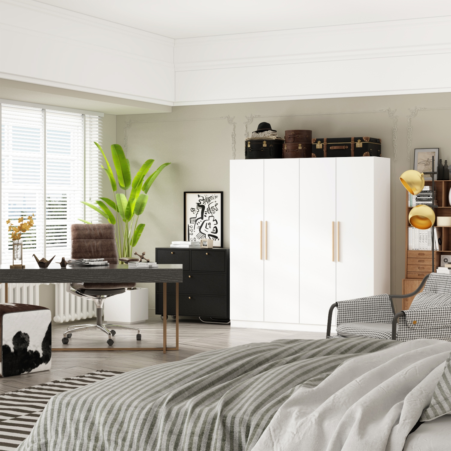 Grande garde-robe Famapy avec tablettes réglables, deux tringles suspendues et plusieurs compartiments spacieux pour rangement complet, blanc