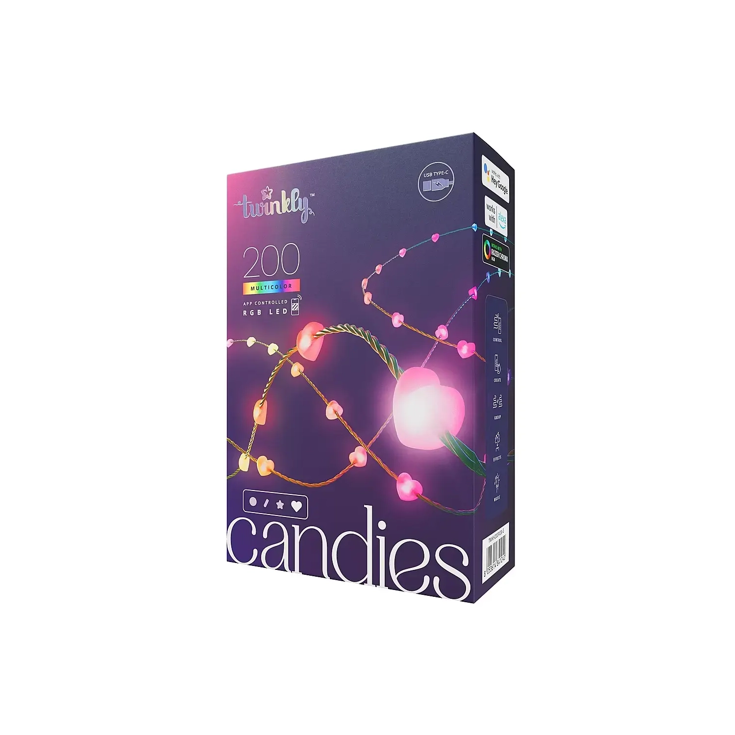 Twinkly - Candies Heart Shaped 100 RGB LED Smart Light String Clear Wire USB-C - Multicolor