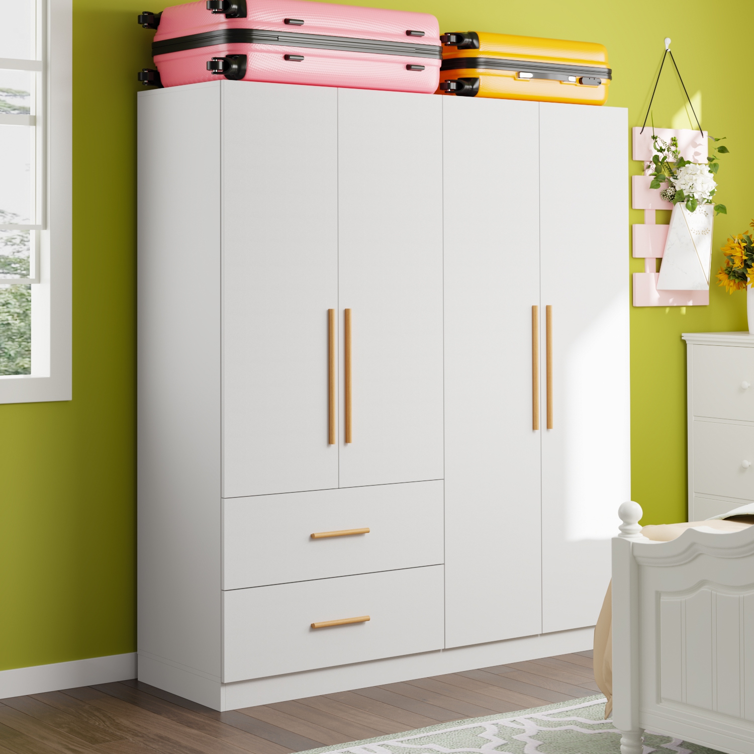 Armoire multifonctionnelle Famapy avec tringle, tablettes et deux grands tiroirs pour organiser votre chambre à coucher, blanc