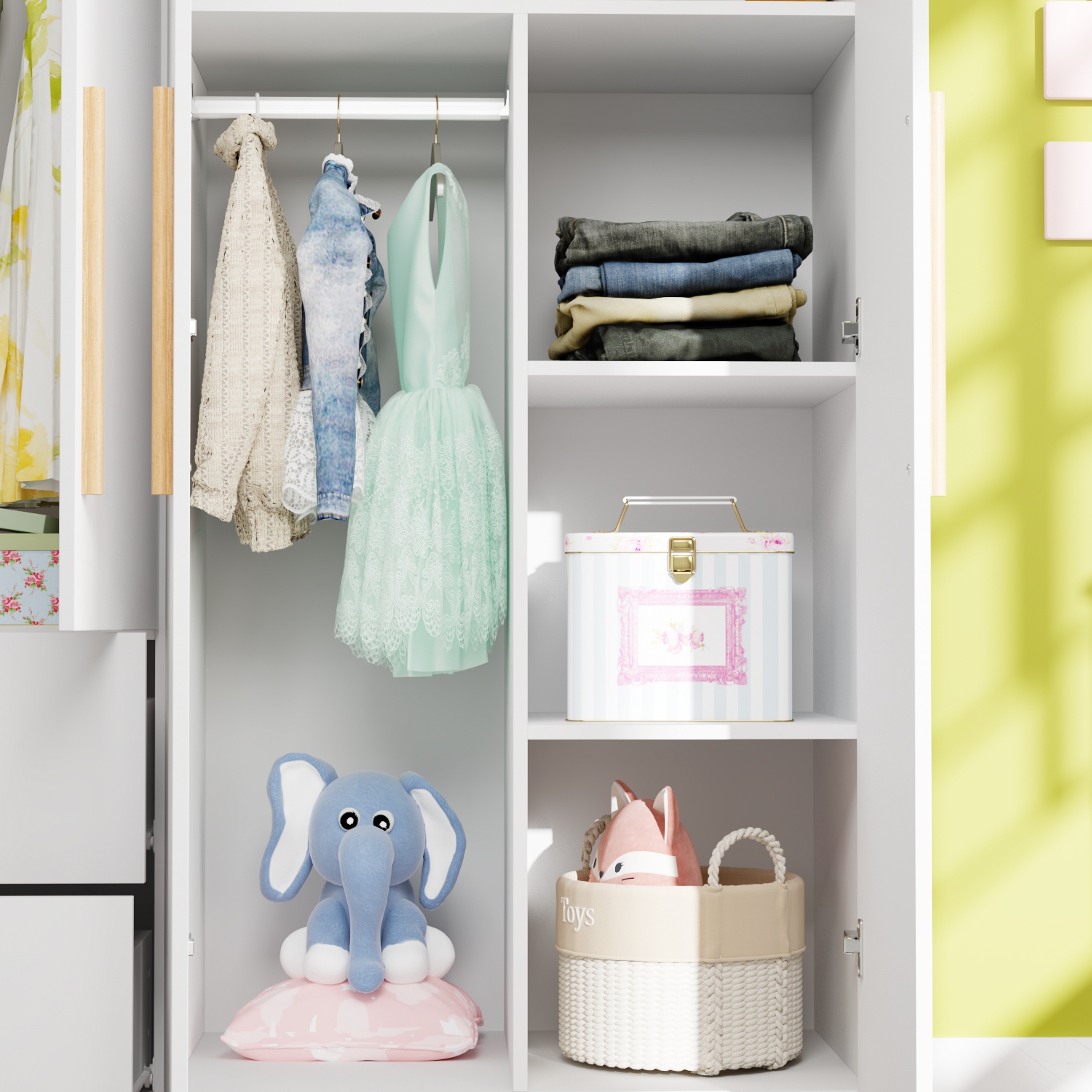Armoire multifonctionnelle Famapy avec tringle, tablettes et deux grands tiroirs pour organiser votre chambre à coucher, blanc