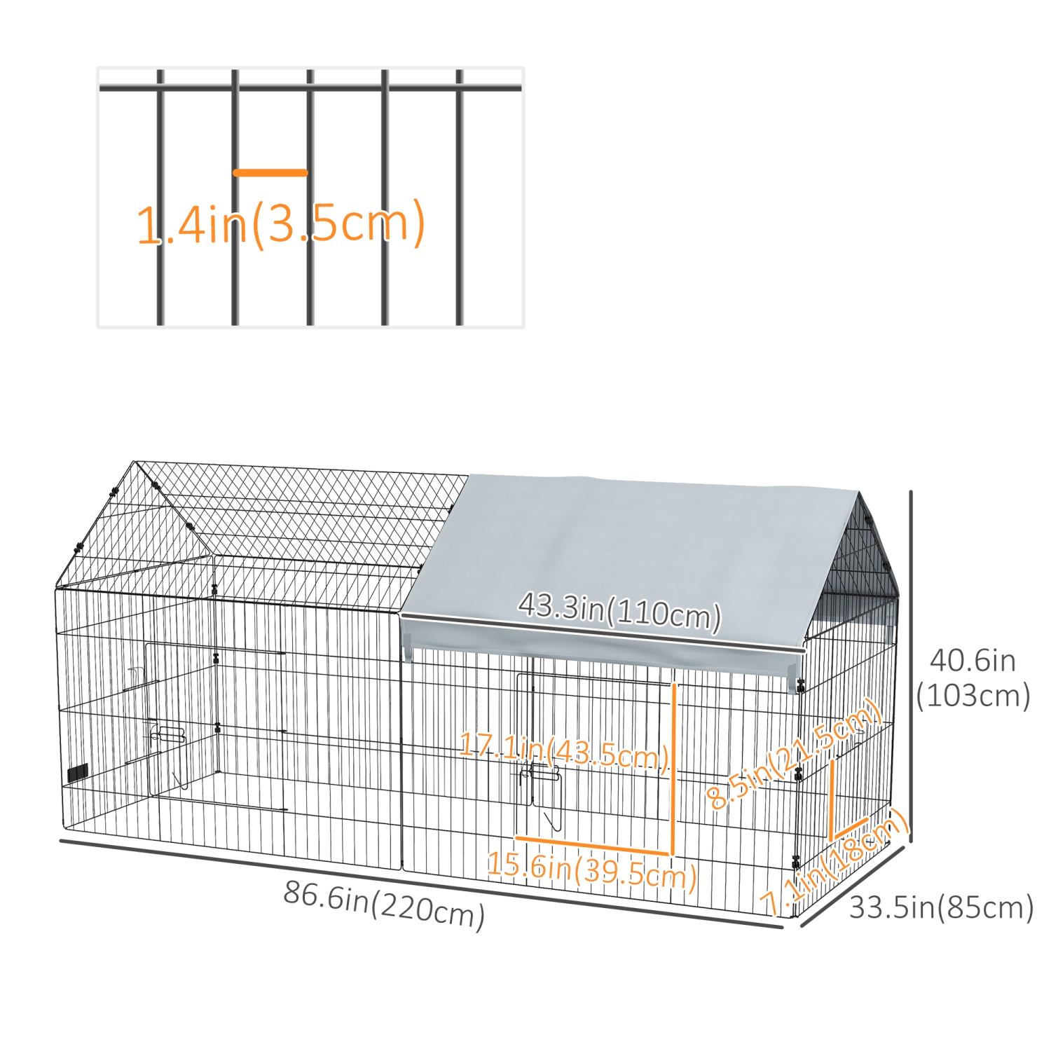 PawHut 87"L Small Animals Pet Playpen Catio Cage with Doors for Rabbits, Guinea Pig, Chicken, Chinchillas, Cat, Quail, Duck, Outdoor Indoor Use with