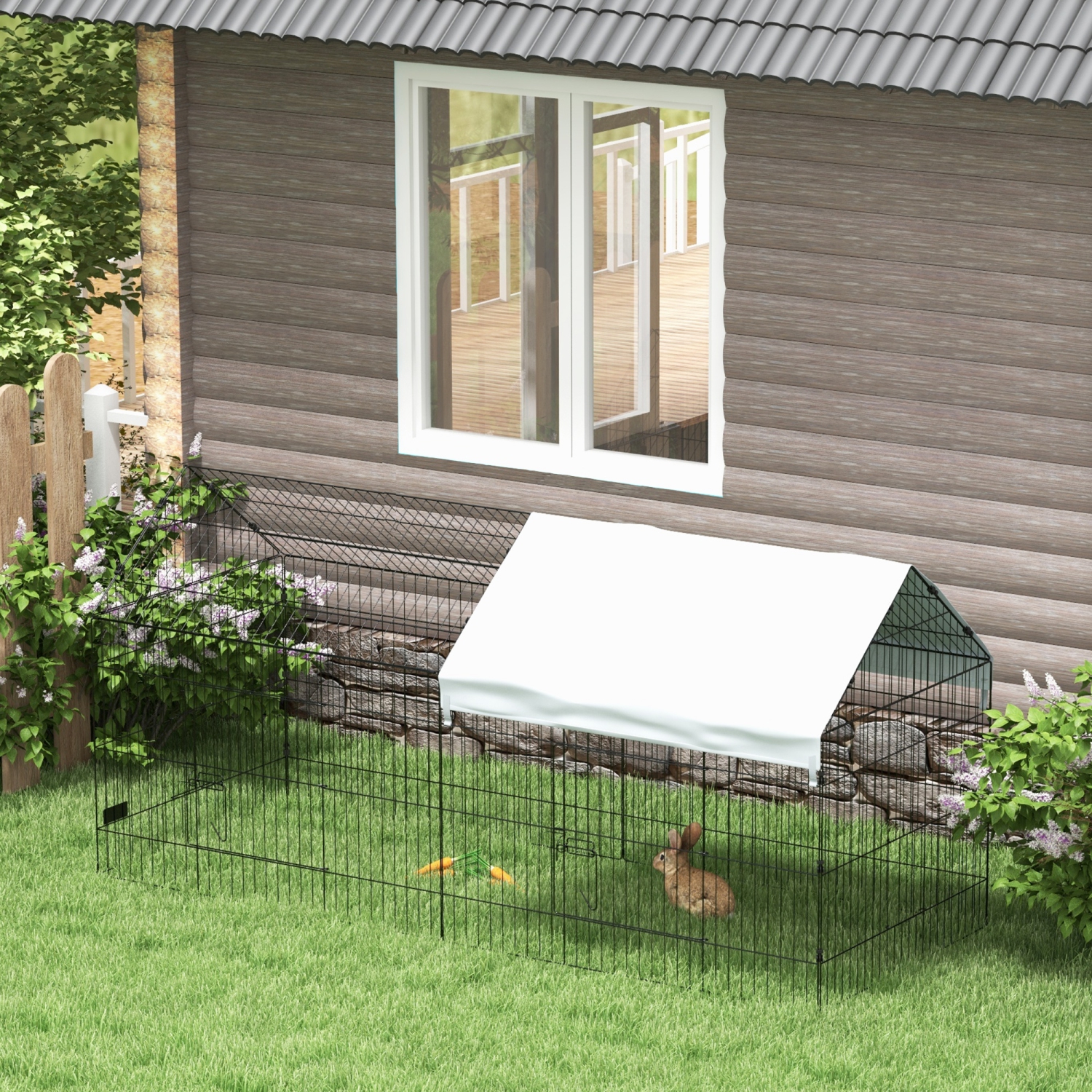 PawHut 87"L Small Animals Pet Playpen Catio Cage with Doors for Rabbits, Guinea Pig, Chicken, Chinchillas, Cat, Quail, Duck, Outdoor Indoor Use with