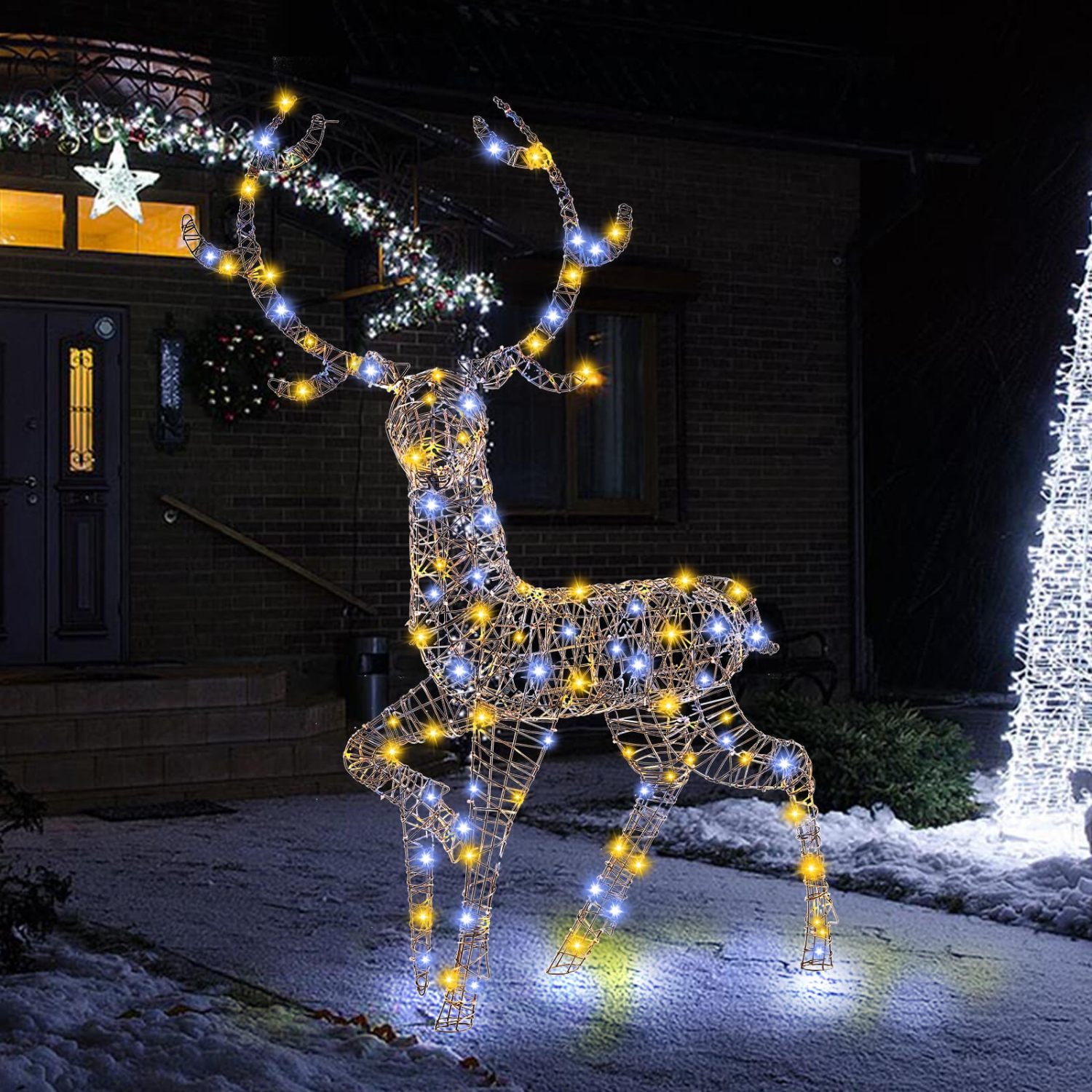 Costway 4.6 FT Pre-Lit Christmas Reindeer with 300 Bright LED Lights Zip Ties Ground Stakes