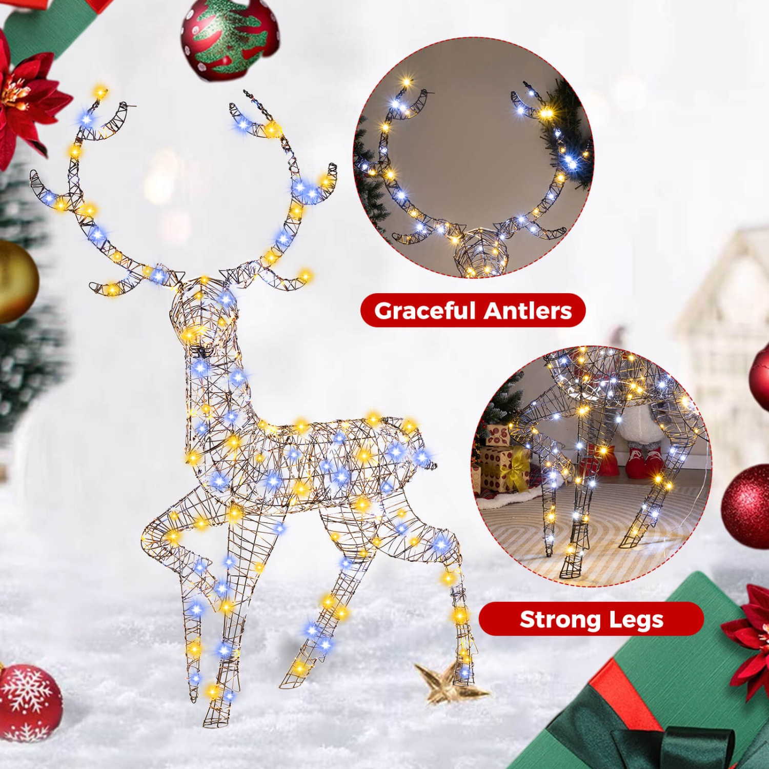 Costway 4.6 FT Pre-Lit Christmas Reindeer with 300 Bright LED Lights Zip Ties Ground Stakes