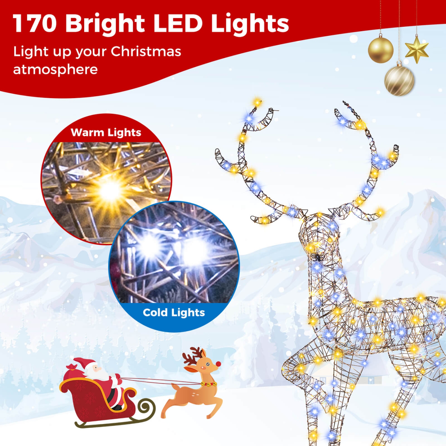 Costway 4.6 FT Pre-Lit Christmas Reindeer with 300 Bright LED Lights Zip Ties Ground Stakes