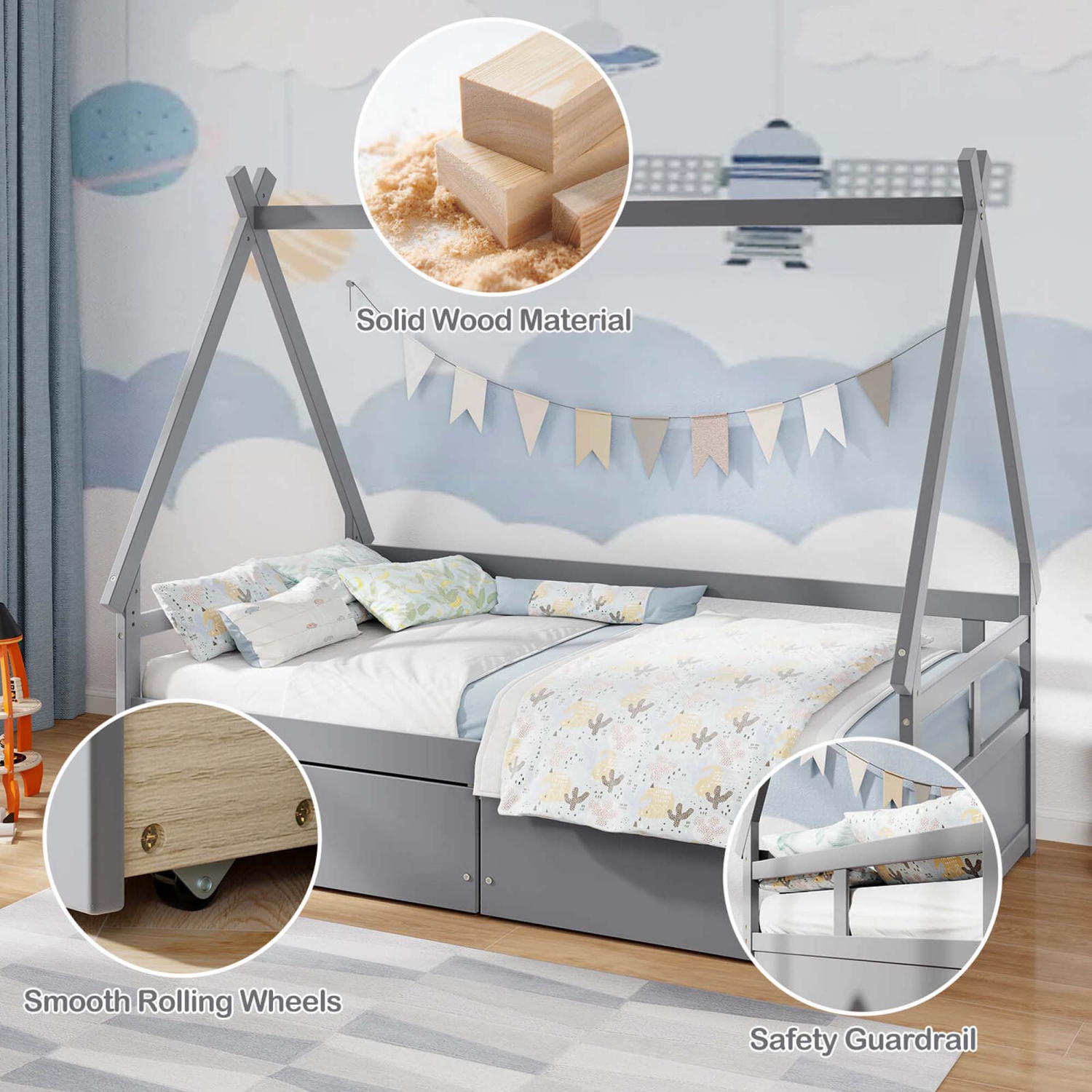 Lit de maison jumeau avec barrière de sécurité au toit de Costway, 2 tiroirs de rangement, support de lattes en bois