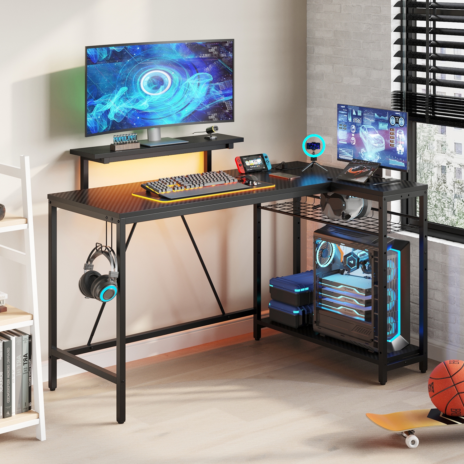Bestier 52'' W L-Shaped Computer Desk with Power Outlet, LED Gaming Work Desk with Shelves