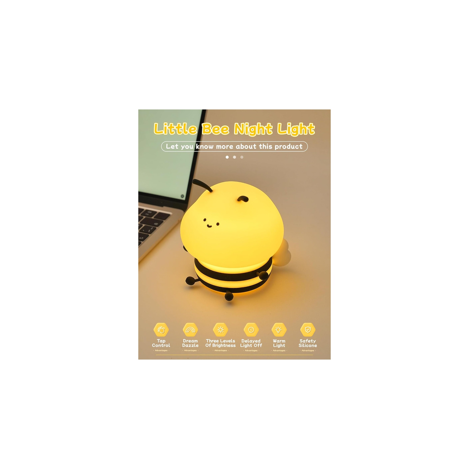 Cute Bee Night Light,Silicone LED Lamp Rechargeable Bedroom Touch Lamp,3 Level Dimmable RGB Rainbow lamp,Suitable for Nursery, Kids Bedroom Decor