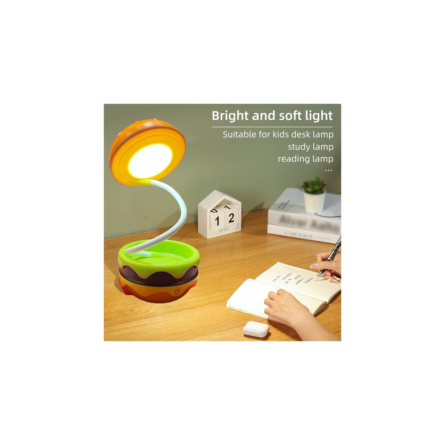 Small Table Lamp Hamburger Night Light Cute Rechargeable LED Desk Lamp with Dimmable Flexible Hose Touch Switch Nursery Night Light Kawaii Desk