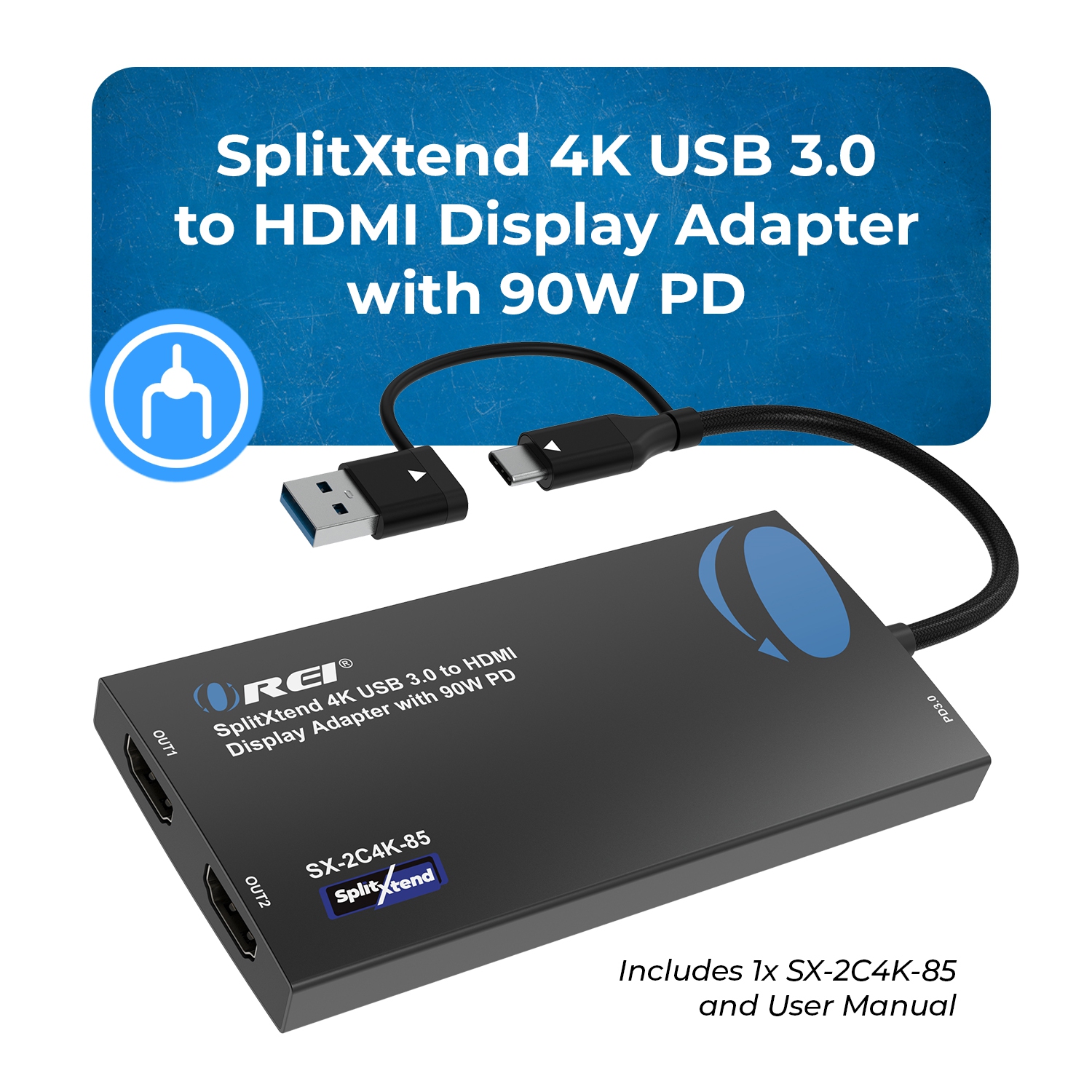 OREI SplitXtend 4K USB 3.0 to HDMI Display Adapter with 90W PD