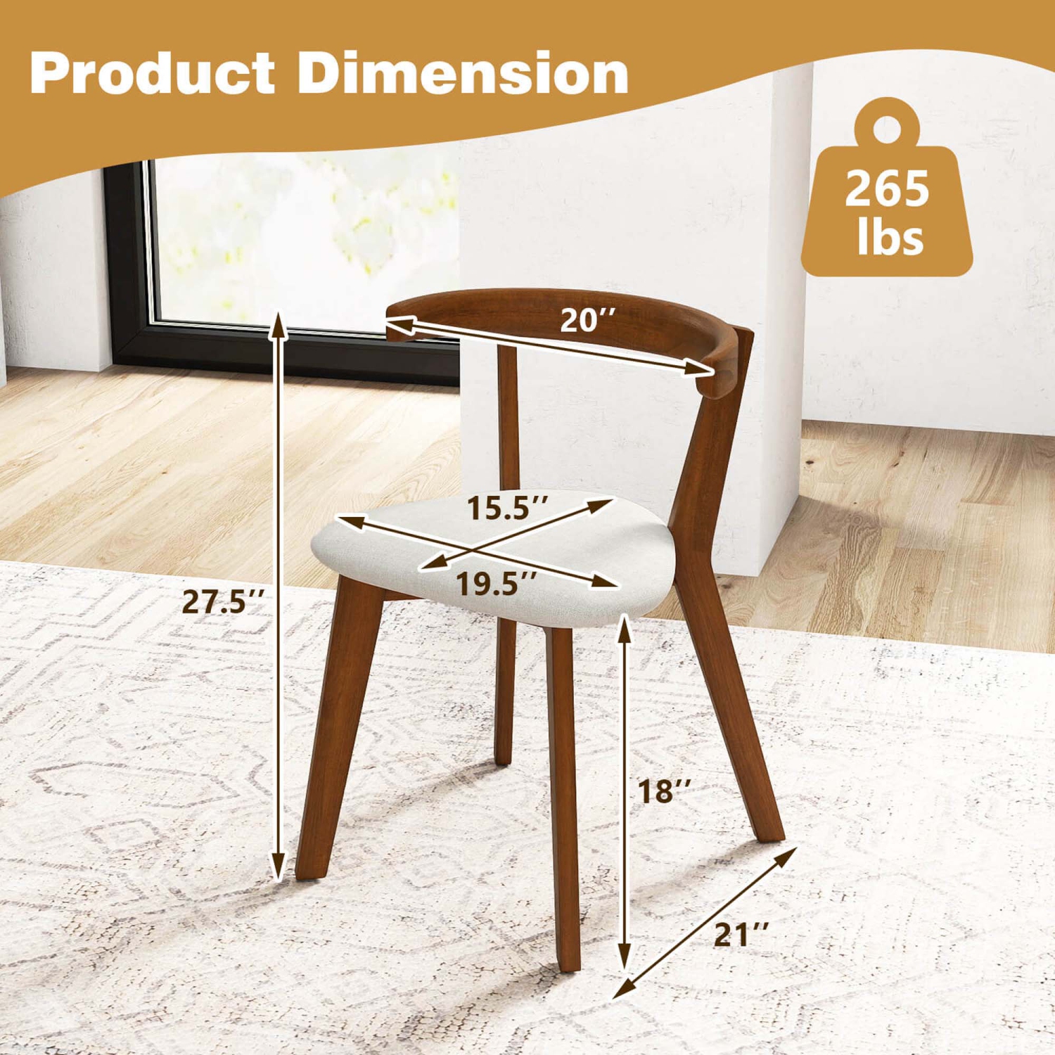 Costway Space-Saving Wood Upholstered Dining Chair Set of 2 with Padded Seat & Curved Back