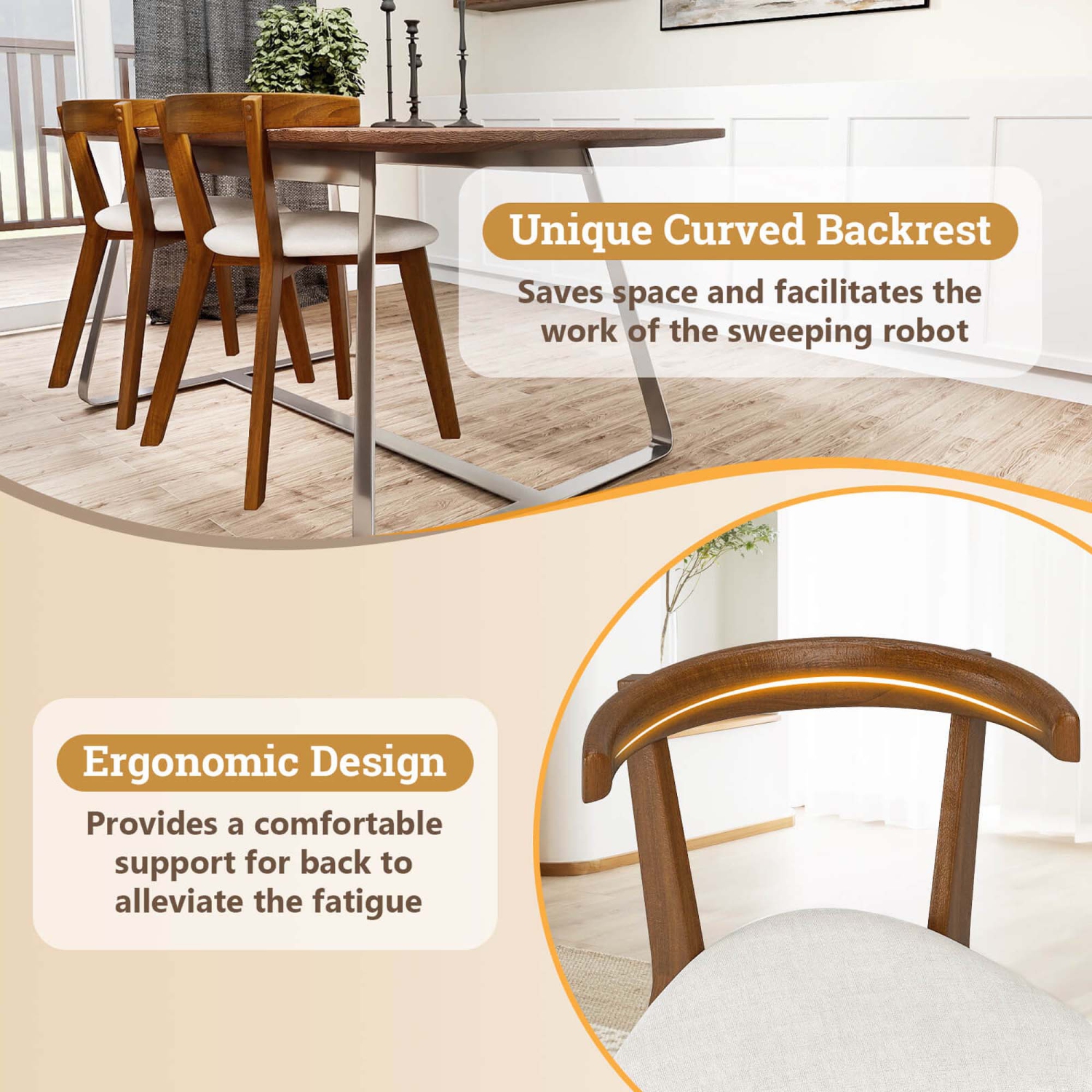 Costway Space-Saving Wood Upholstered Dining Chair Set of 2 with Padded Seat & Curved Back