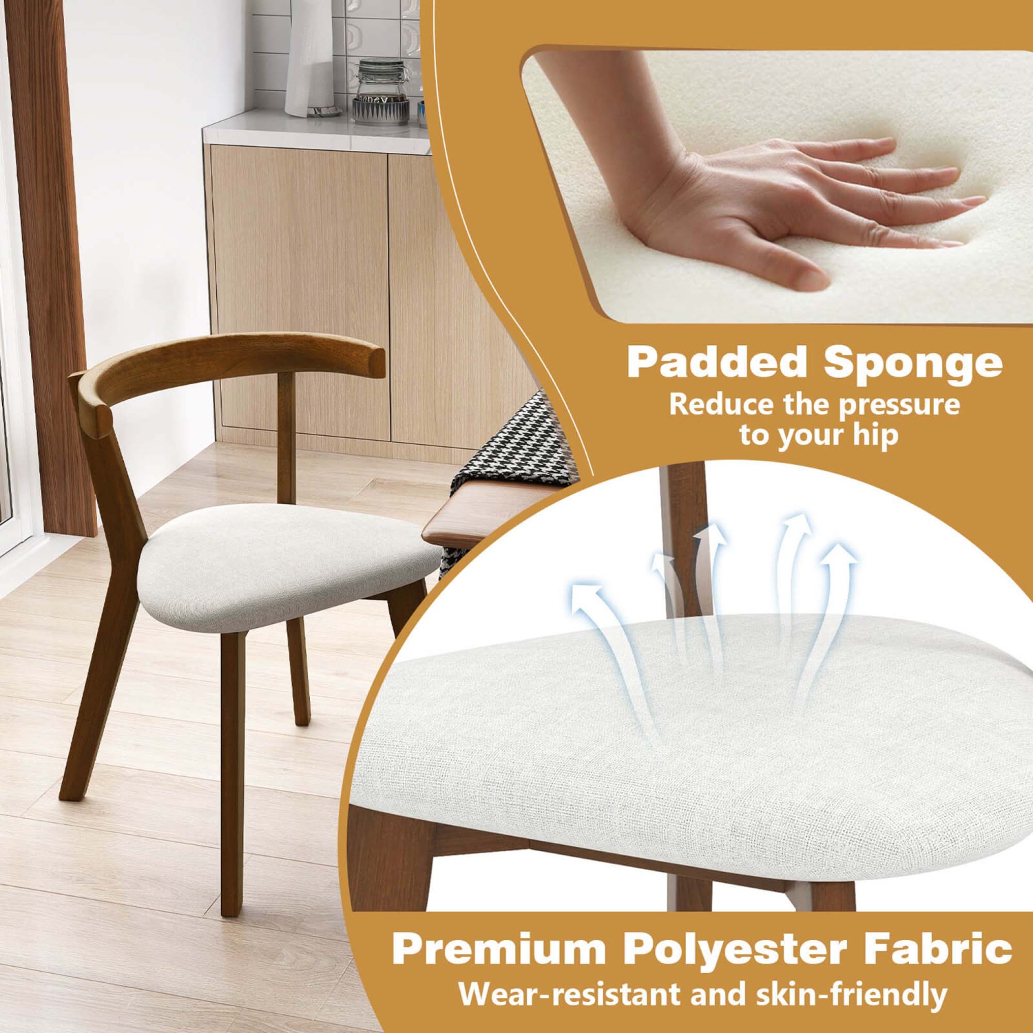 Costway Space-Saving Wood Upholstered Dining Chair Set of 2 with Padded Seat & Curved Back