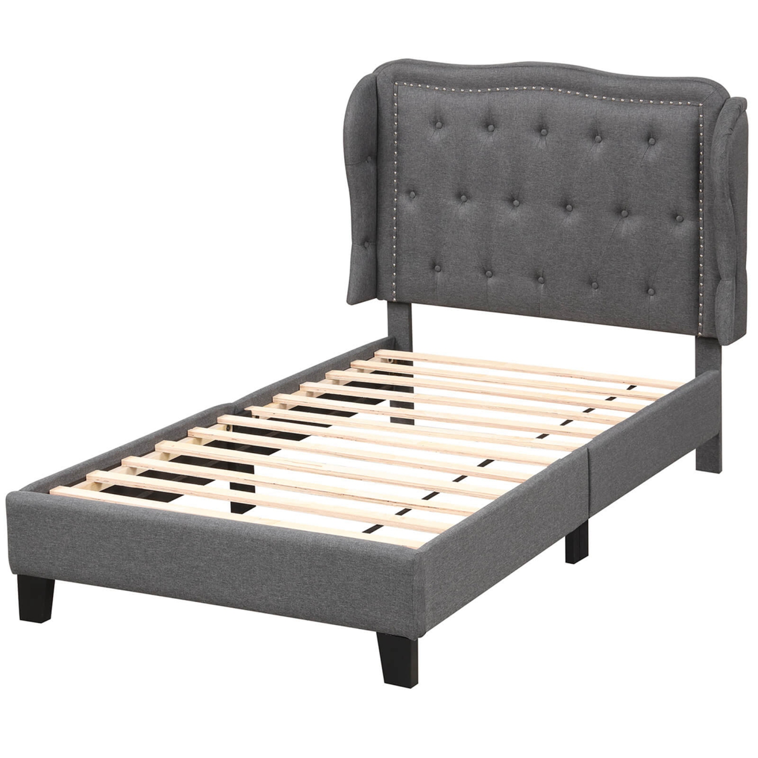 Costway Twin Size Bed Frame with Button Tufted Wingback Headboard Wooden Slats Support