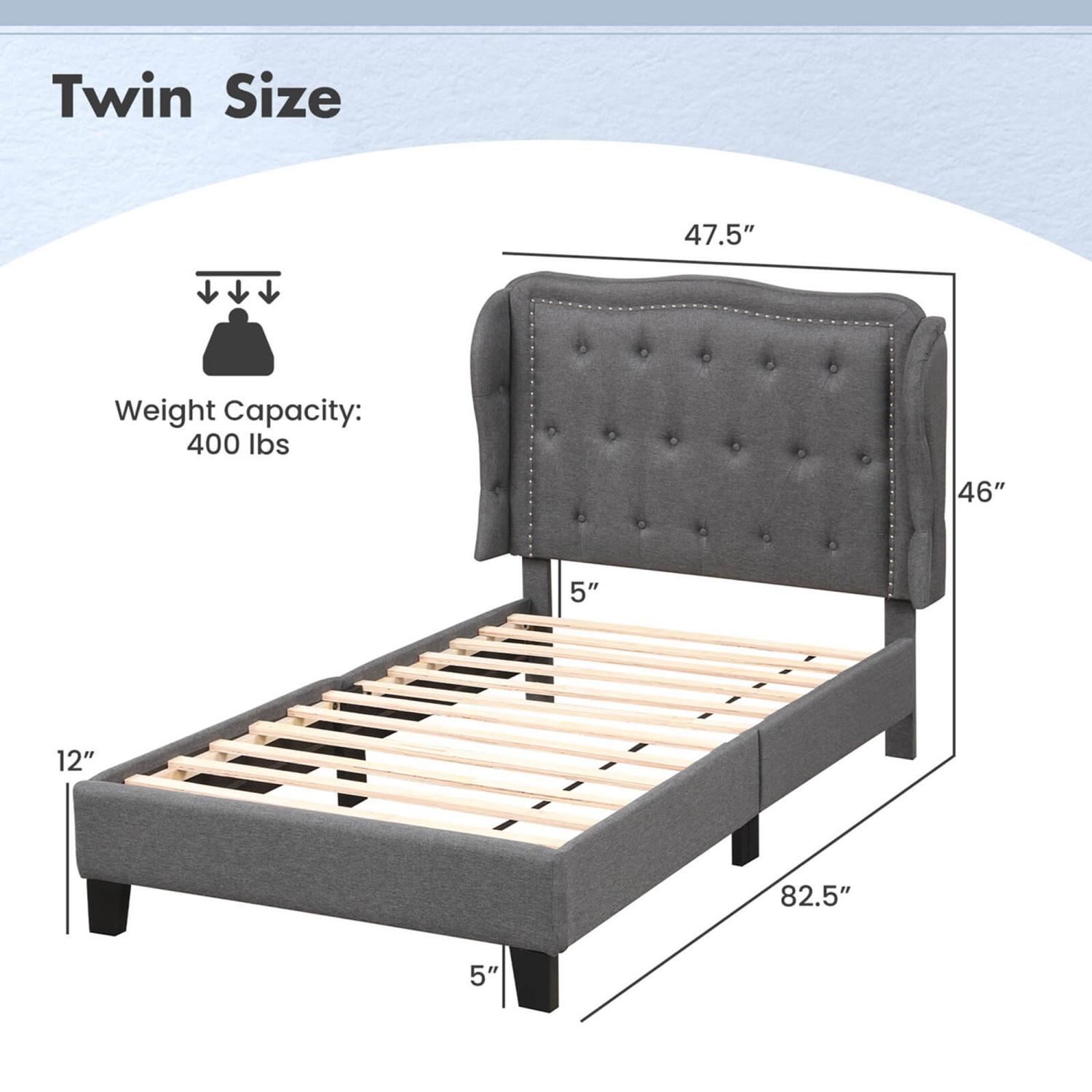 Costway Twin Size Bed Frame with Button Tufted Wingback Headboard Wooden Slats Support