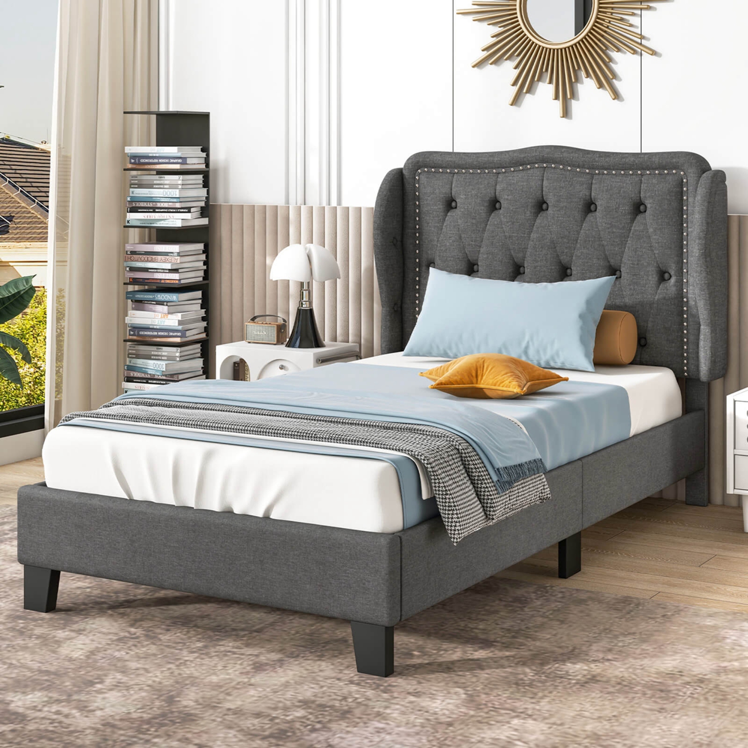 Costway Twin Size Bed Frame with Button Tufted Wingback Headboard Wooden Slats Support