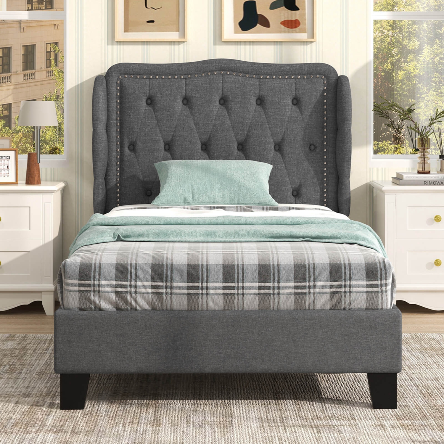 Costway Twin Size Bed Frame with Button Tufted Wingback Headboard Wooden Slats Support
